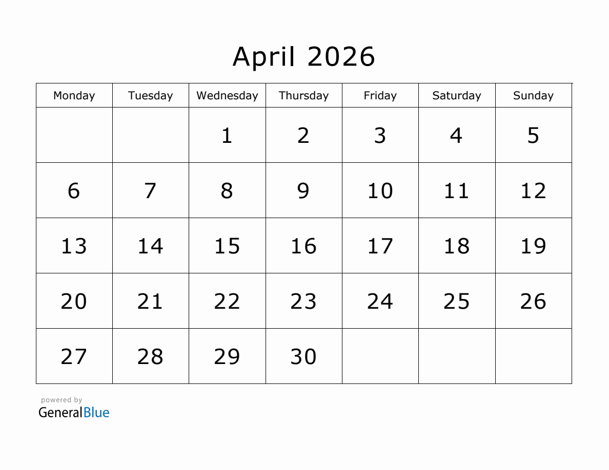 Printable April 2026 Calendar Monday Start