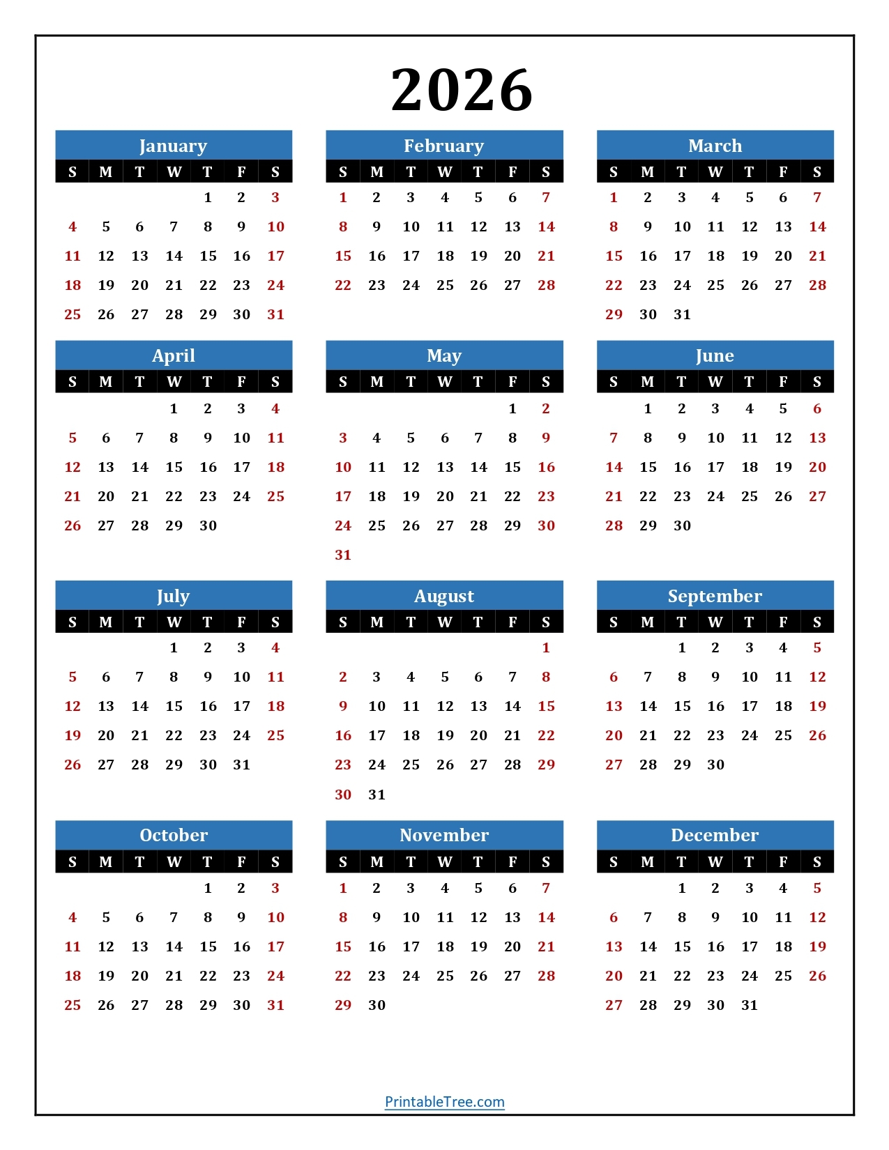 2026 Printable Yearly Calendar Free
