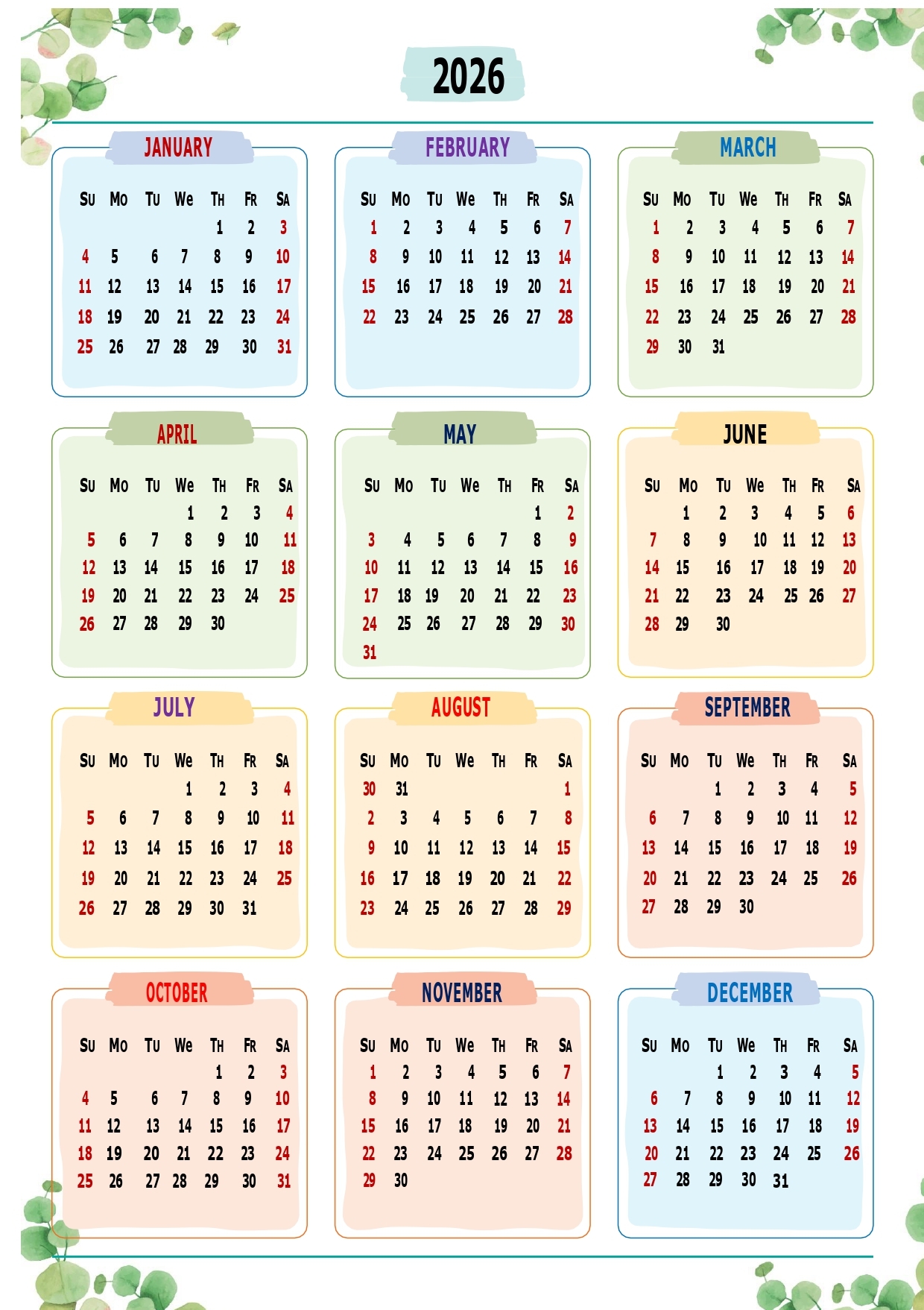 2026 Year Calendar Printable One Page