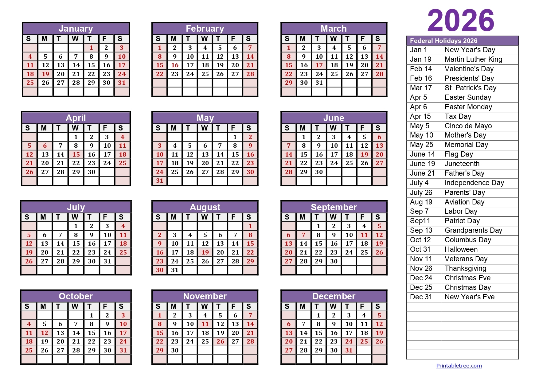 2026 26 Printable Calendar