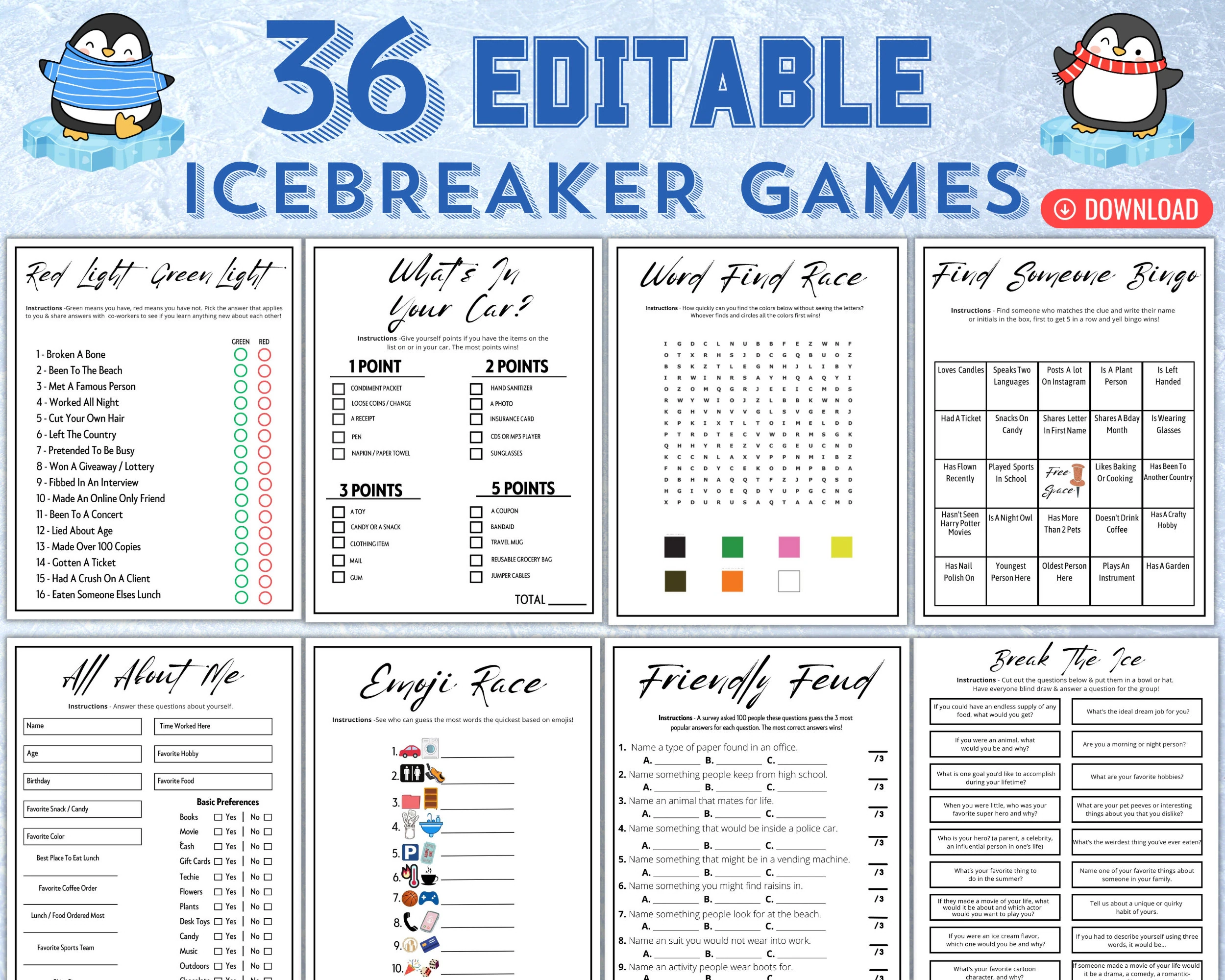Printable Icebreaker Games Social Group Activities Editable 