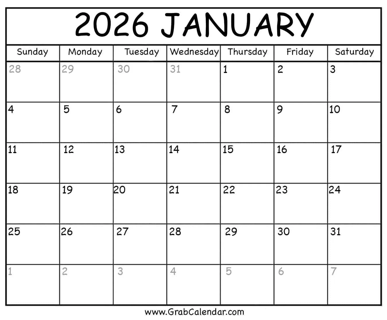 Free Blank Calendar 2026 Printable