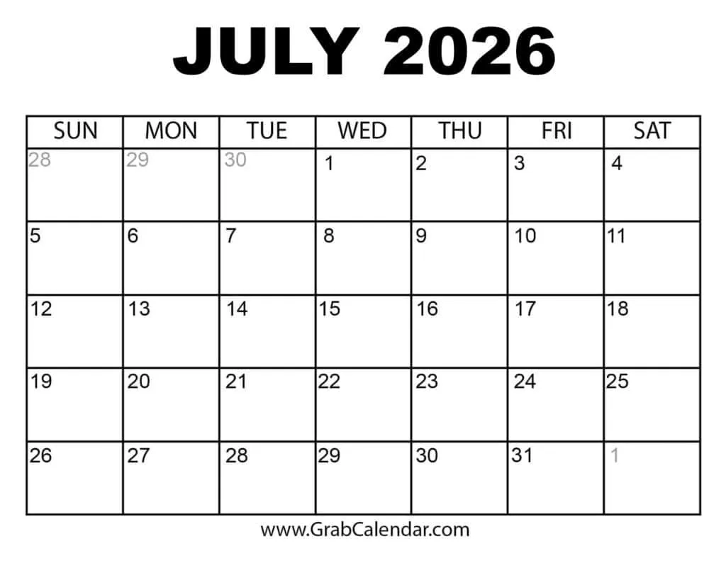 Blank Calendar Printable July 2026