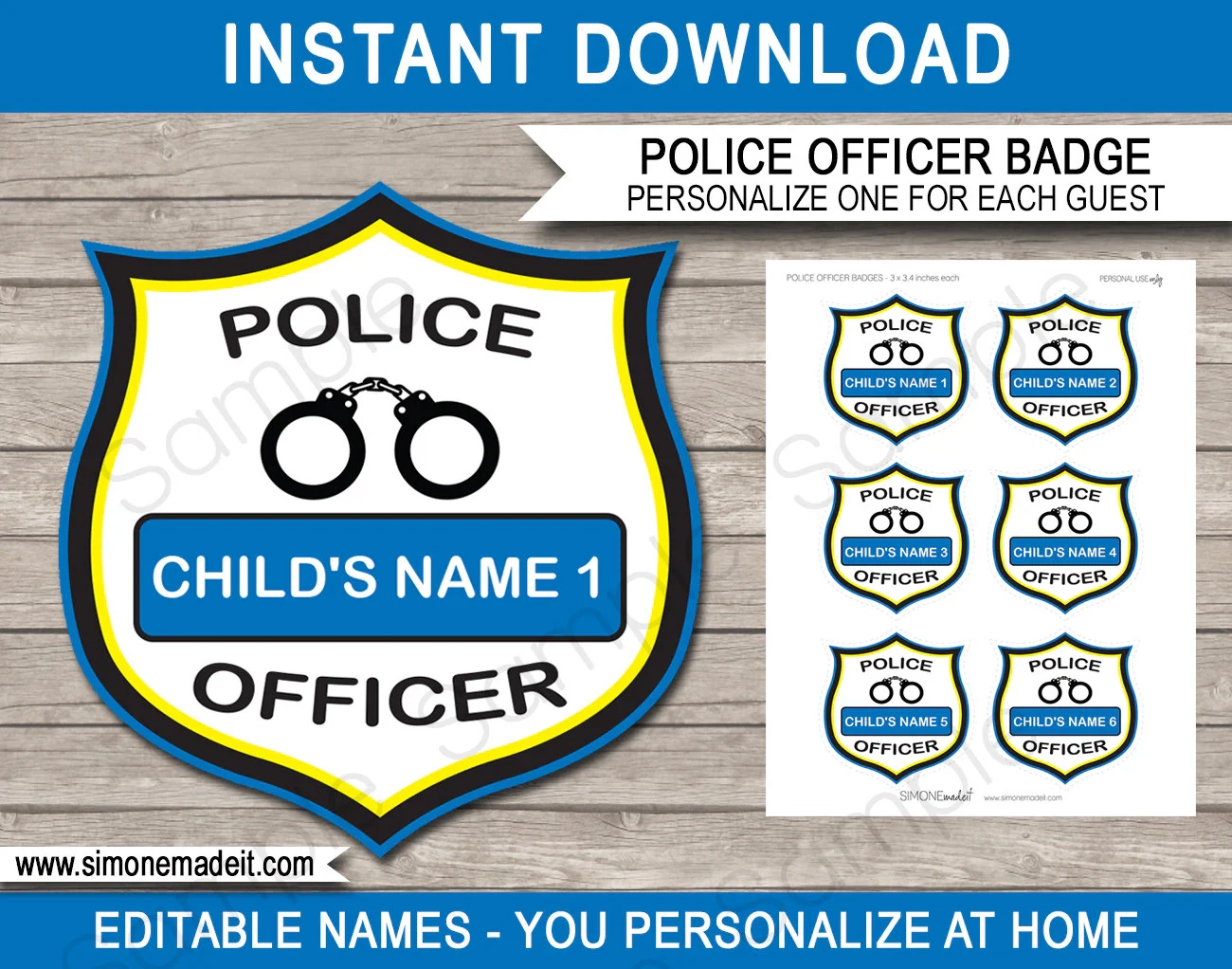 Printable Police Officer Badges Editable Party Decoration 