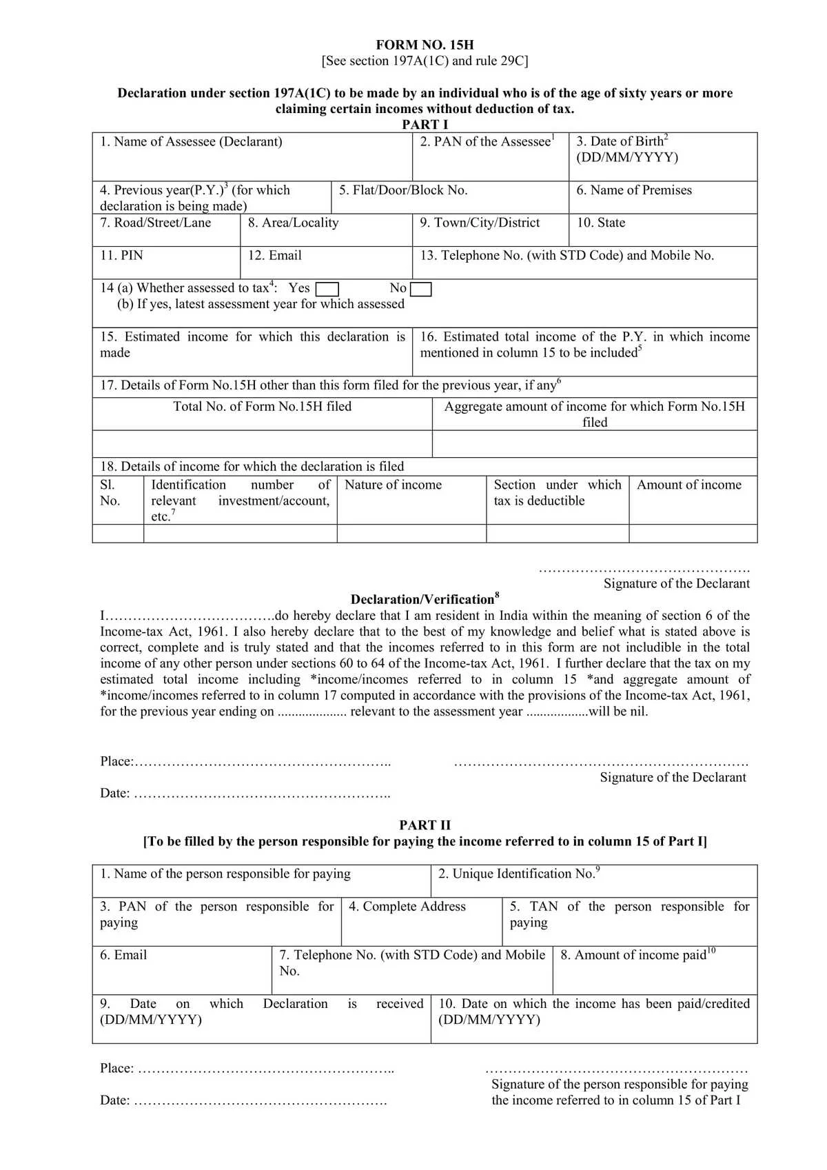 Punjab National Bank 15H Form Download In PDF