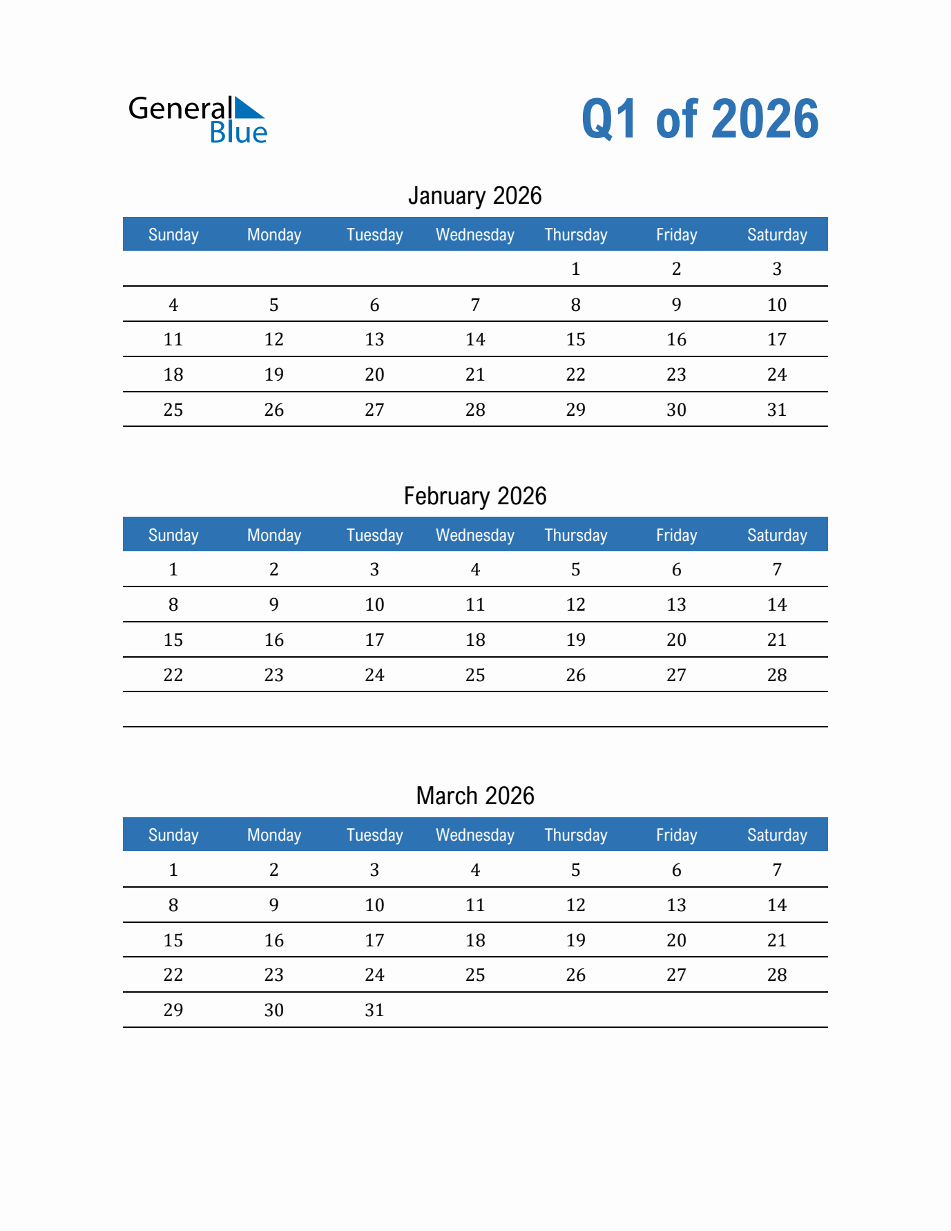 Free Printable Quarterly Calendar 2026