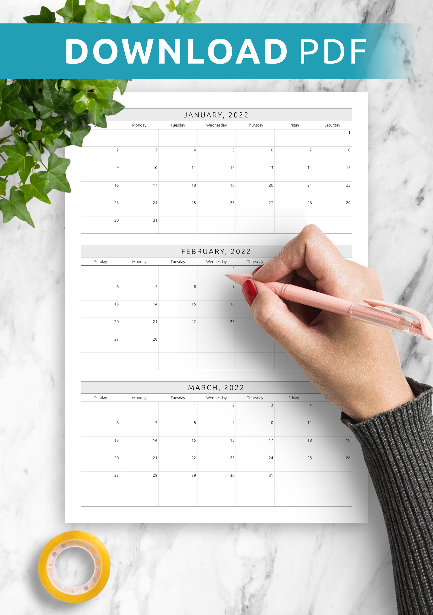 Printable Blank Quarterly Calendar