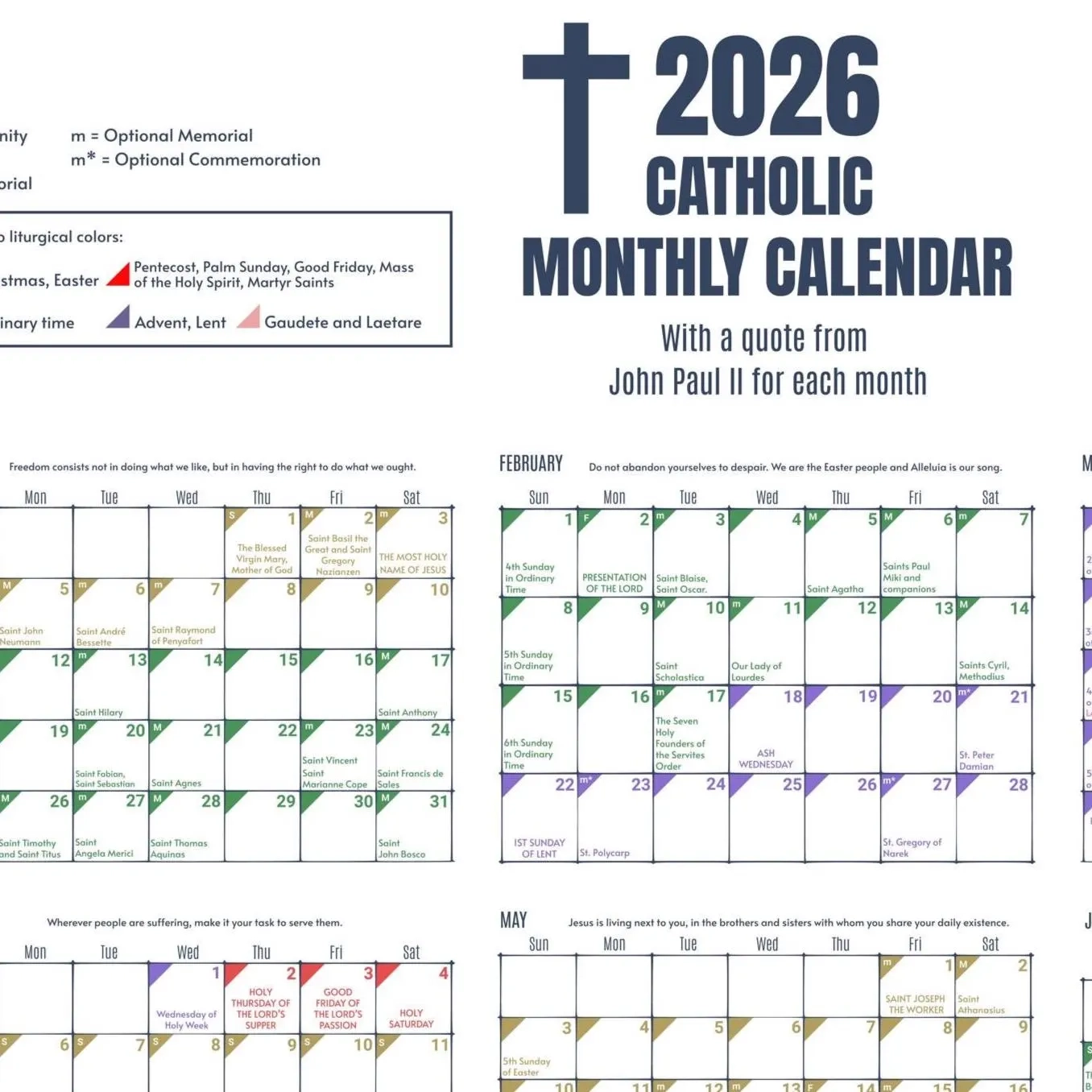 Religious Calendar 2022 Catholic Liturgical Calendar 2026 Male 