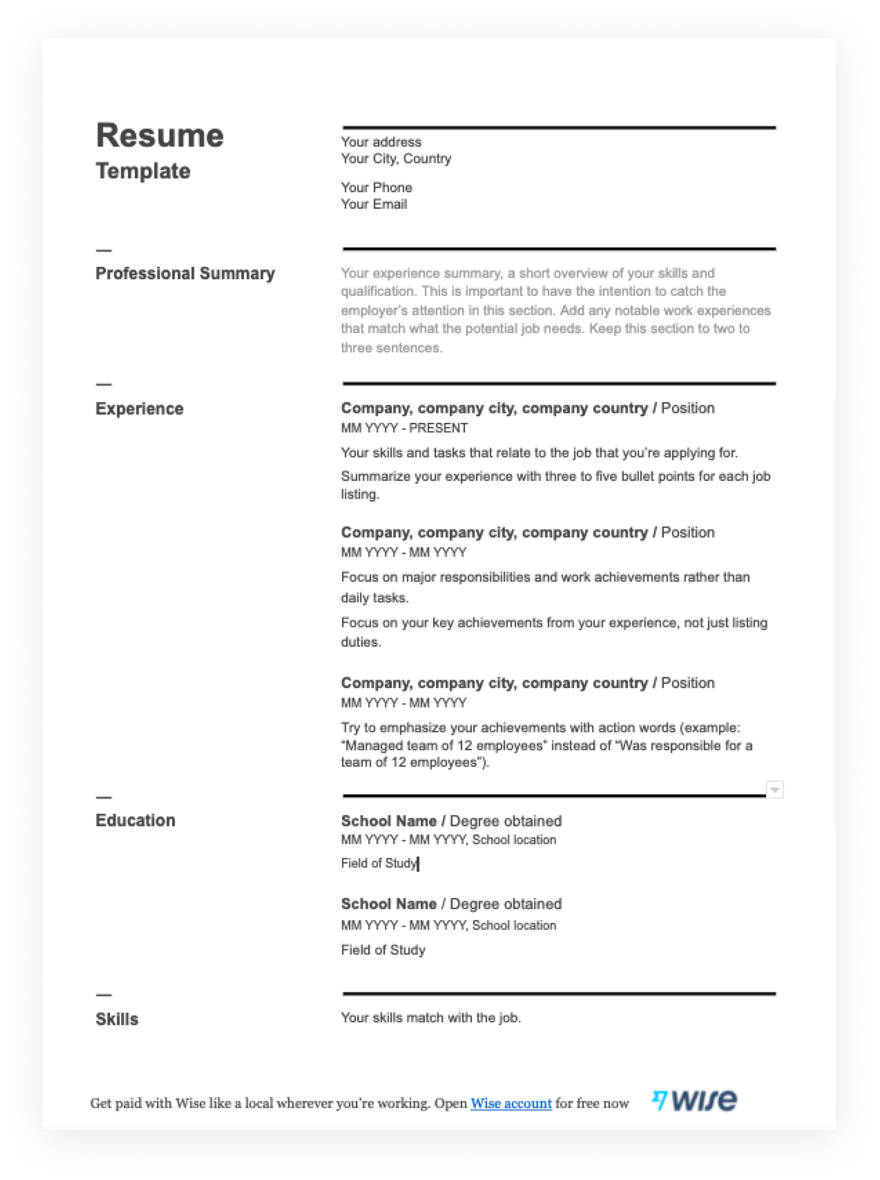 Free Resume Templates Free Printable