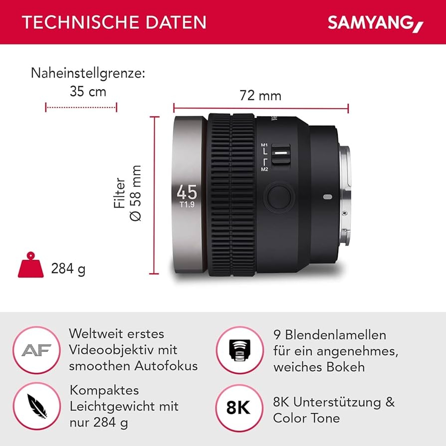 Samyang V AF 45 Mm T1 9 FE For Sony E Video Lens Auto Focus Lens Cine Lens 8K Support Anamorphic Compatible Custom Switch And Custom Button 