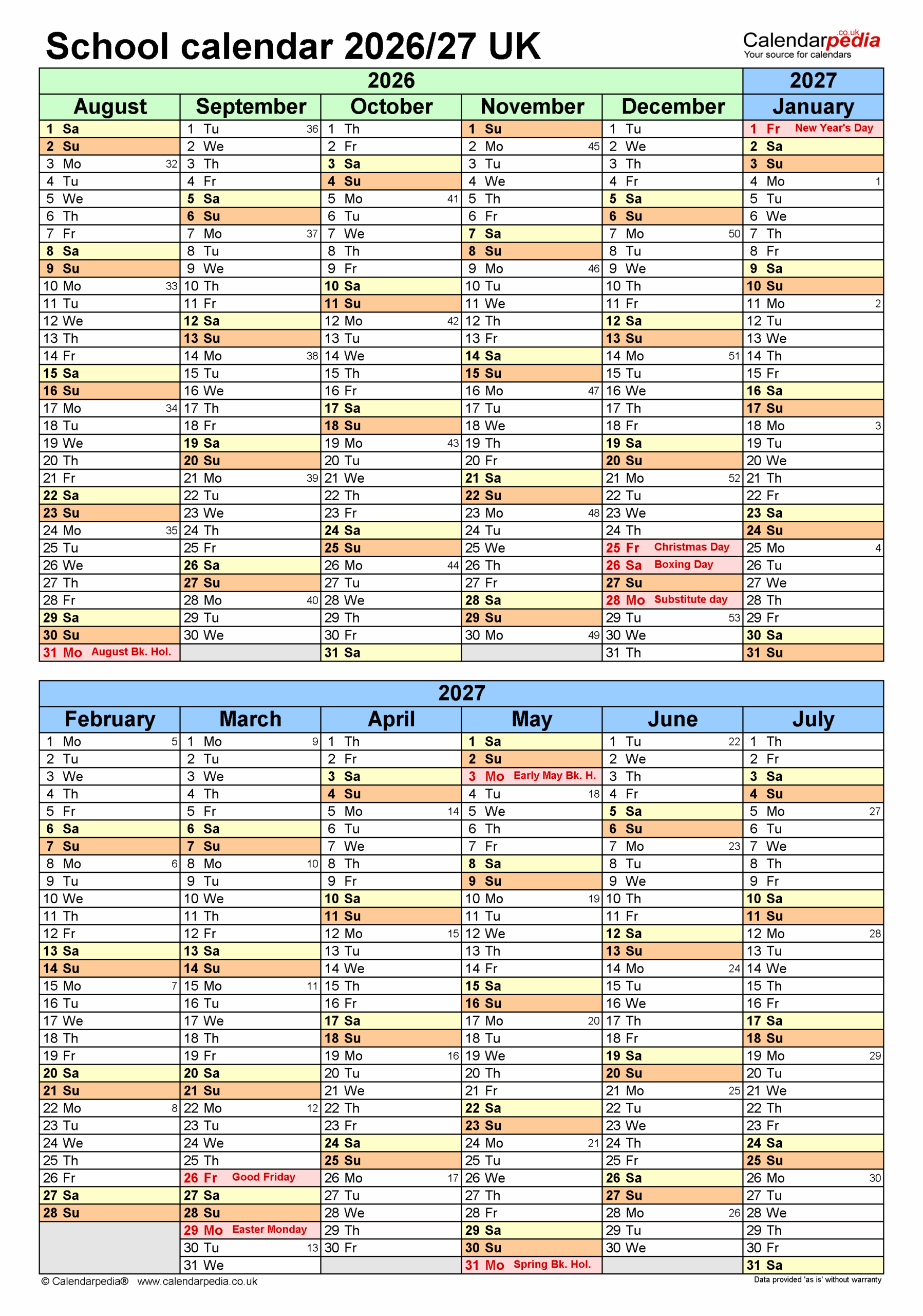 2026-2027 Blank Printable School Calendar
