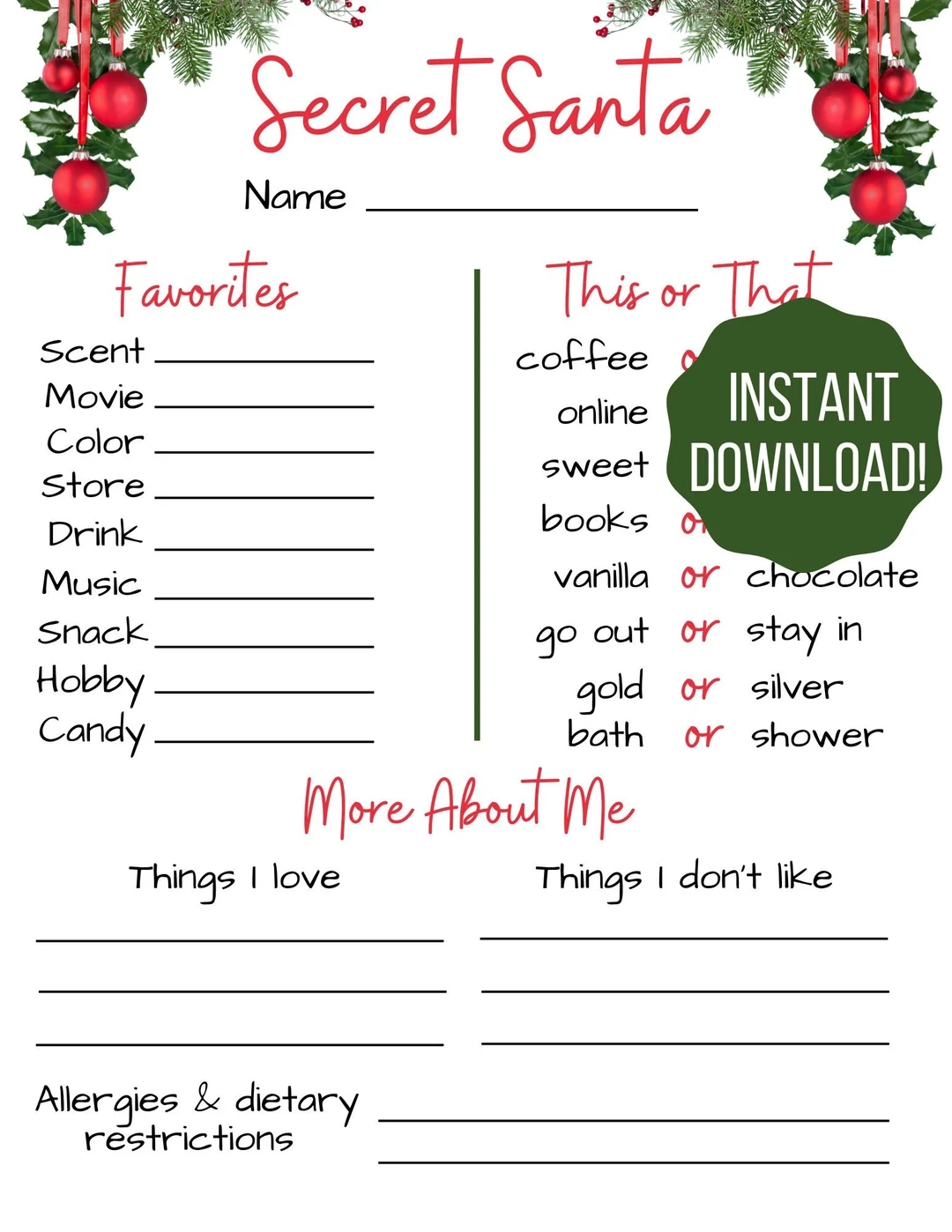 Secret Santa Questionnaire Secret Santa Form Christmas 