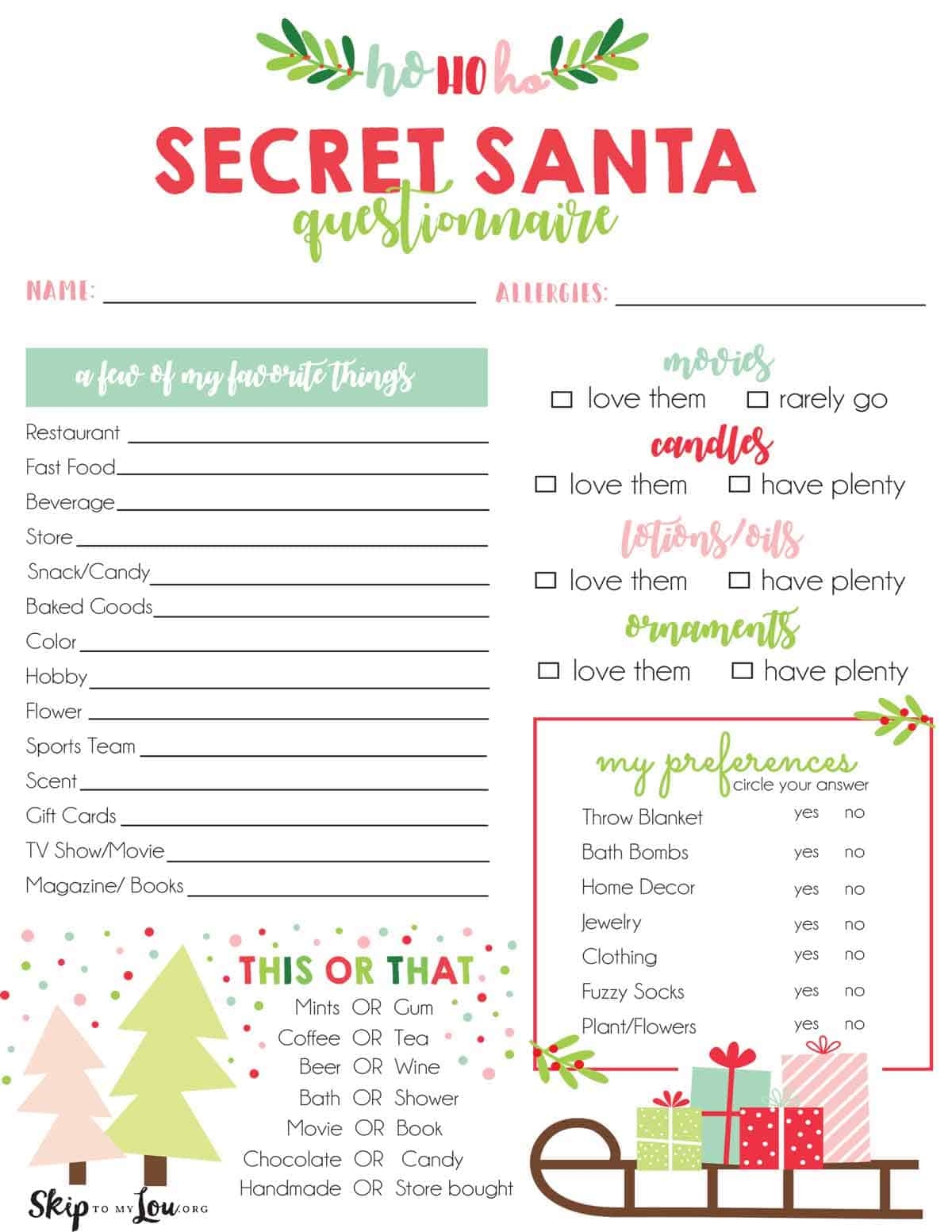 Printable Template Secret Santa Form