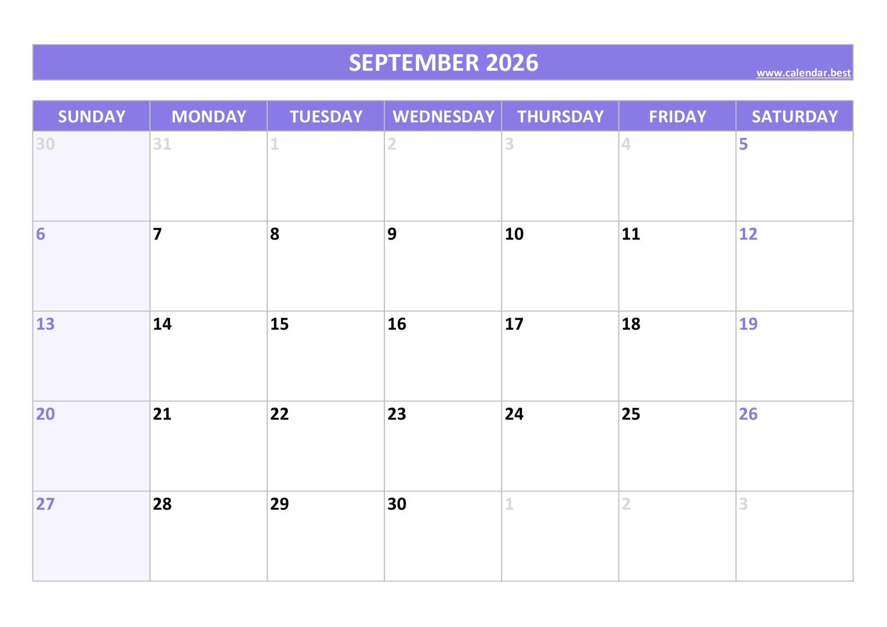 Blank September 2026 Printable Calendars