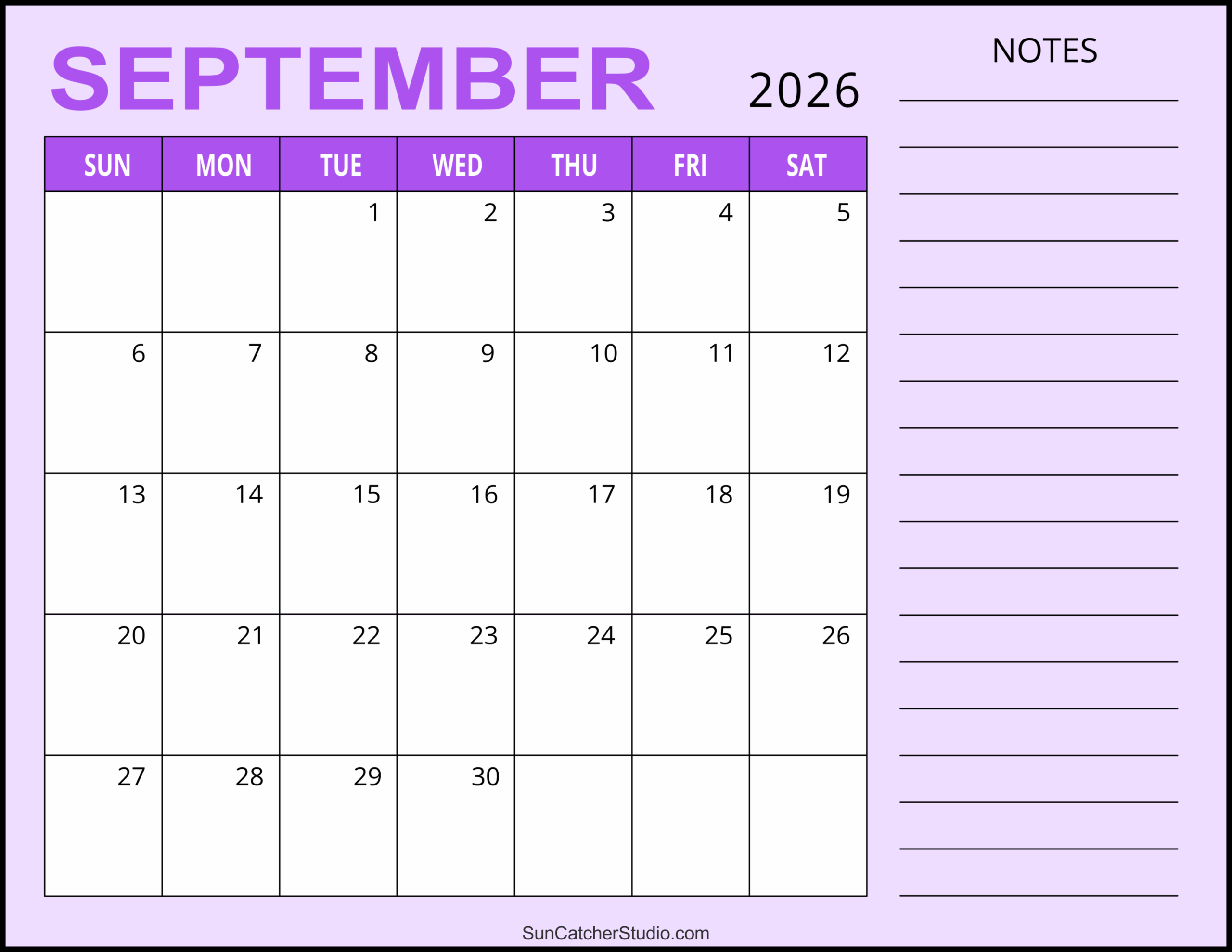 Blank September Calendar 2026 Printable Free