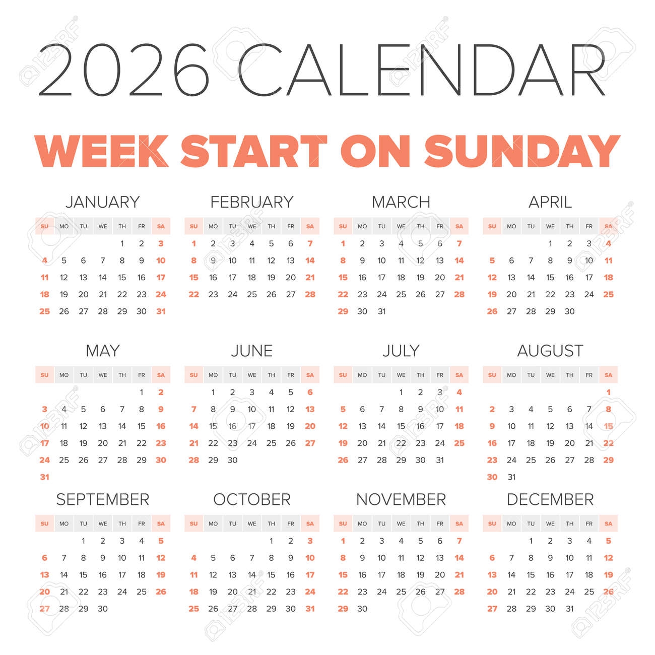 Simple 2026 Year Calendar Royalty Free SVG Cliparts Vectors And 