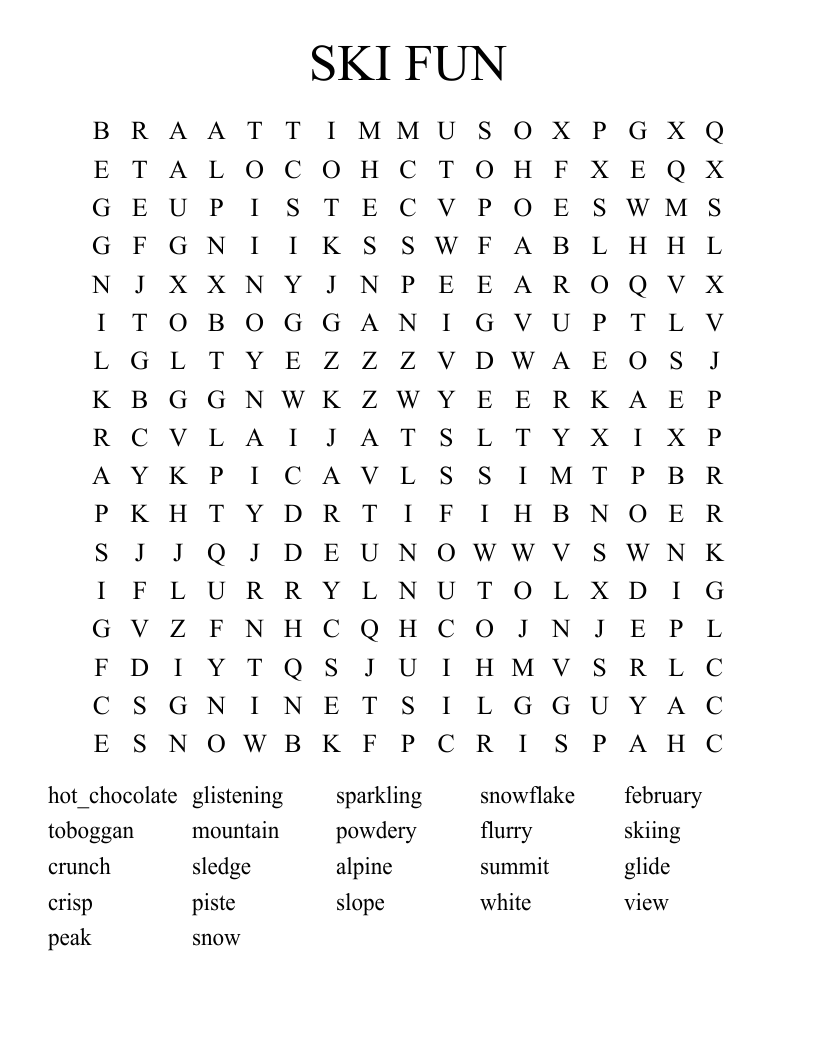 Skiing amp Snowboarding Crosswords Word Searches Bingo Cards 