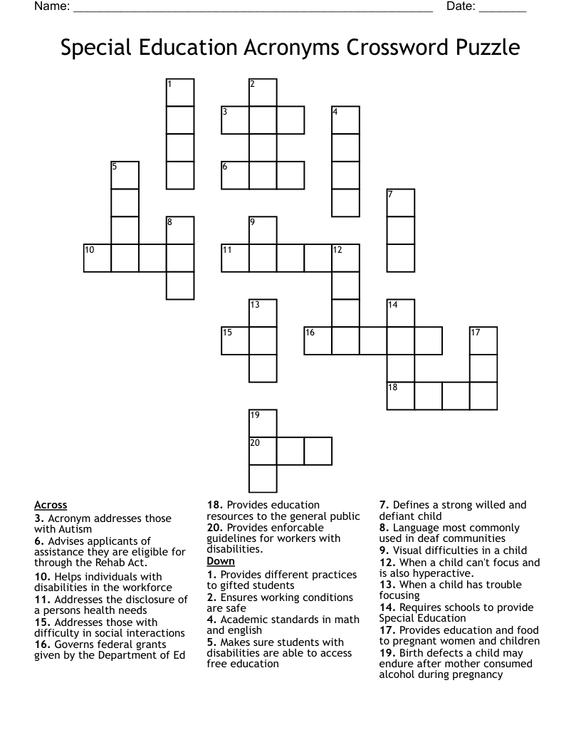 Education Crossword Puzzles Printable