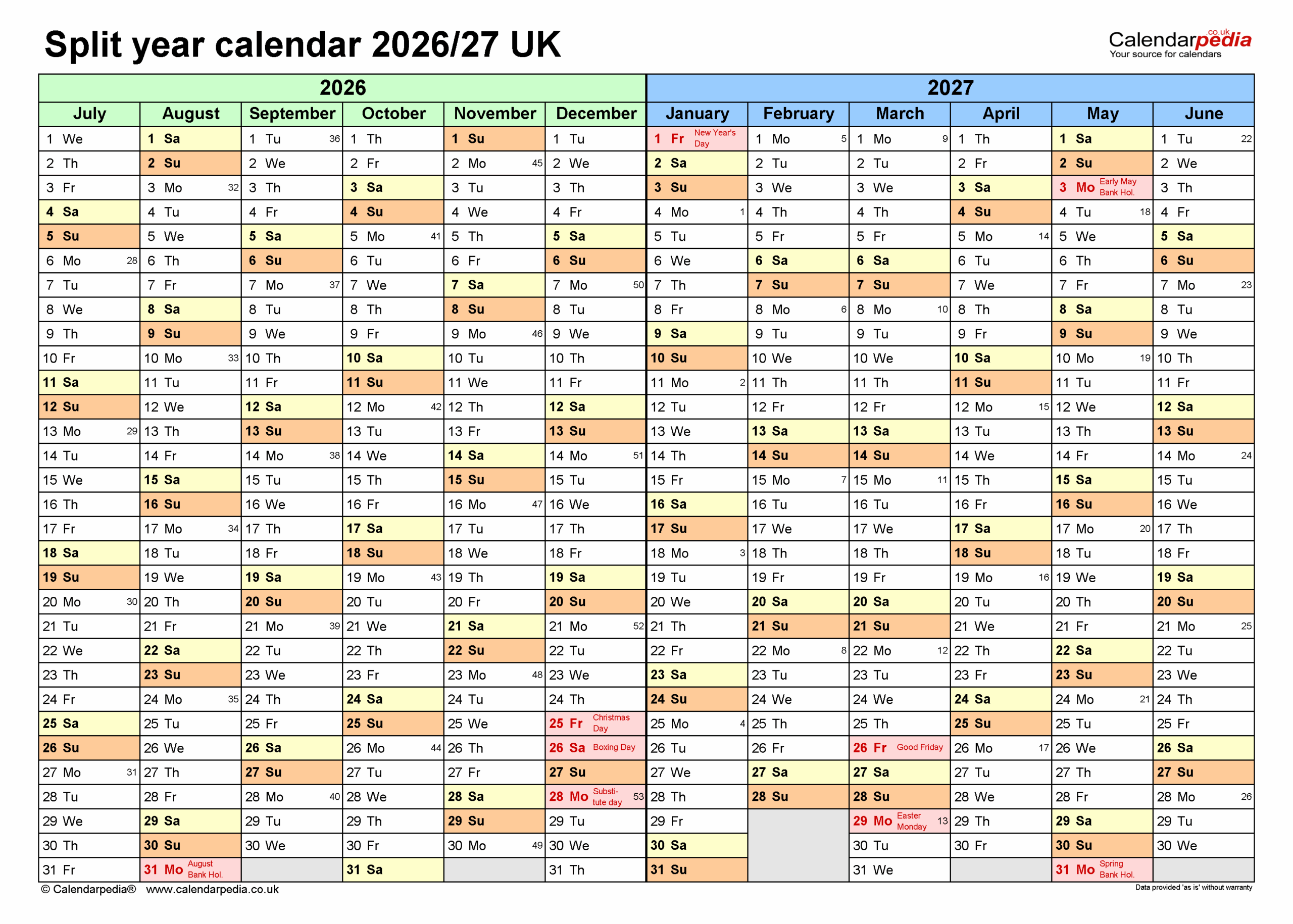 Split Year Calendars 2026 27 UK July To June For Word