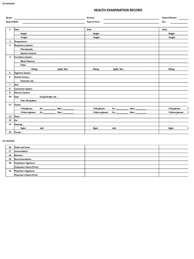 Teachers Health Examination Card CS Form 86 PDF Medical 