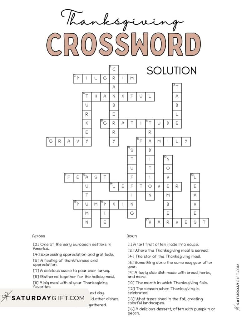 Thanksgiving Crossword Puzzle Cute amp Free Printable SaturdayGift