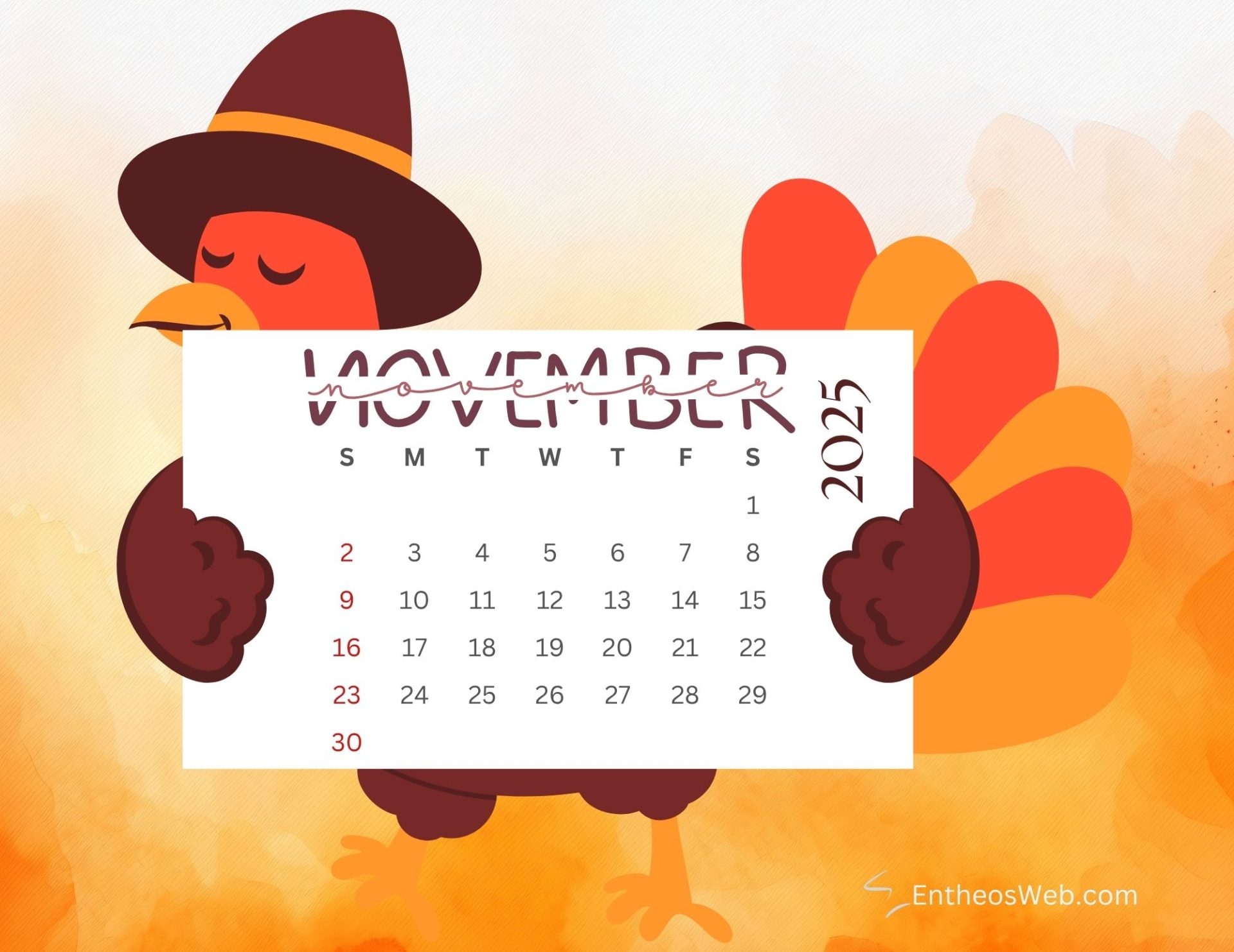 November Calendar 2026 Printable With Turkeys