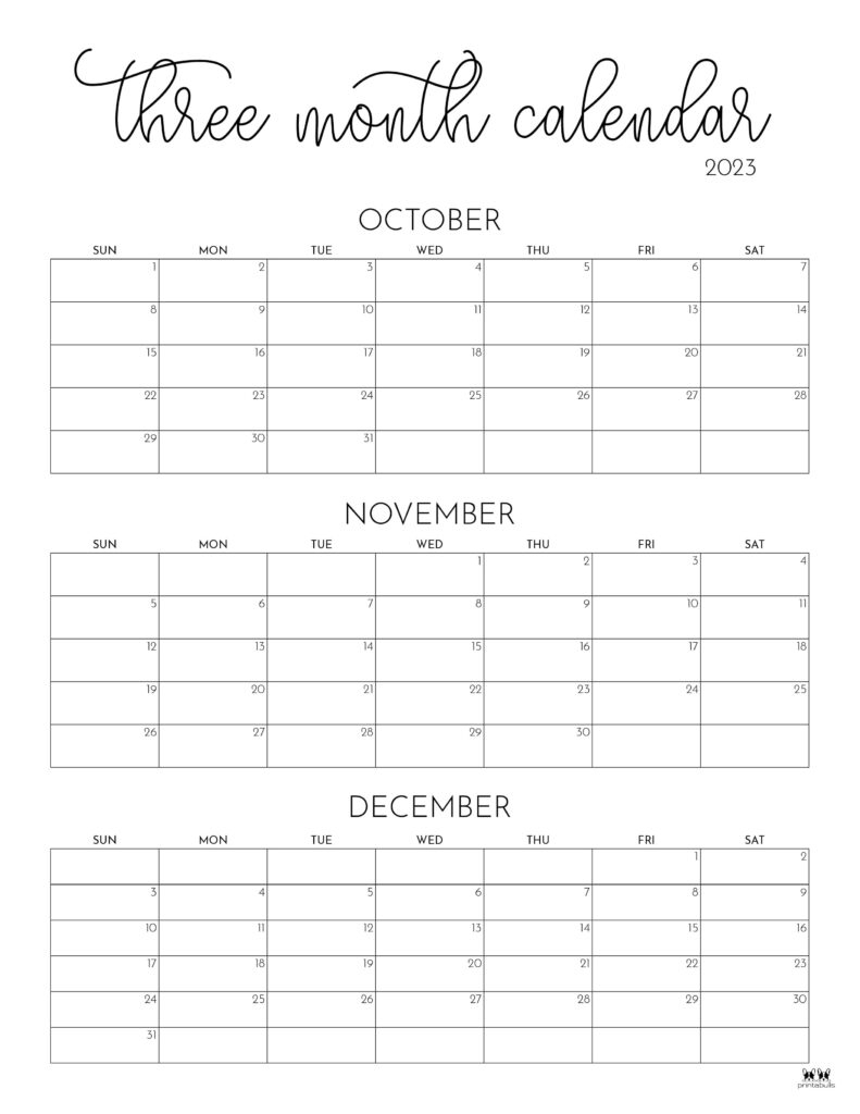 Printable Monthly Calendar October November December