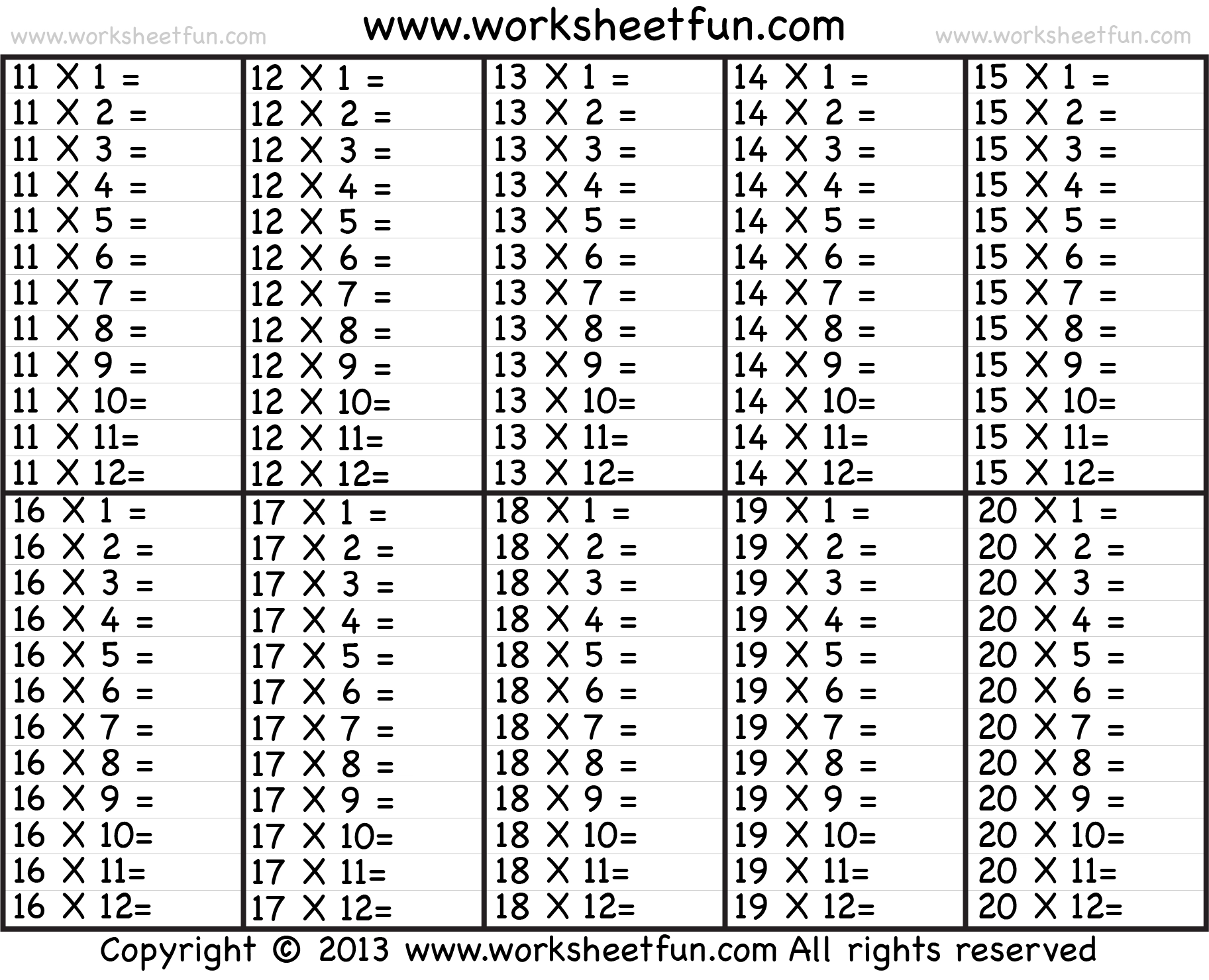 Times Table 2 12 Worksheets 1 2 3 4 5 6 7 8 9 10 11 
