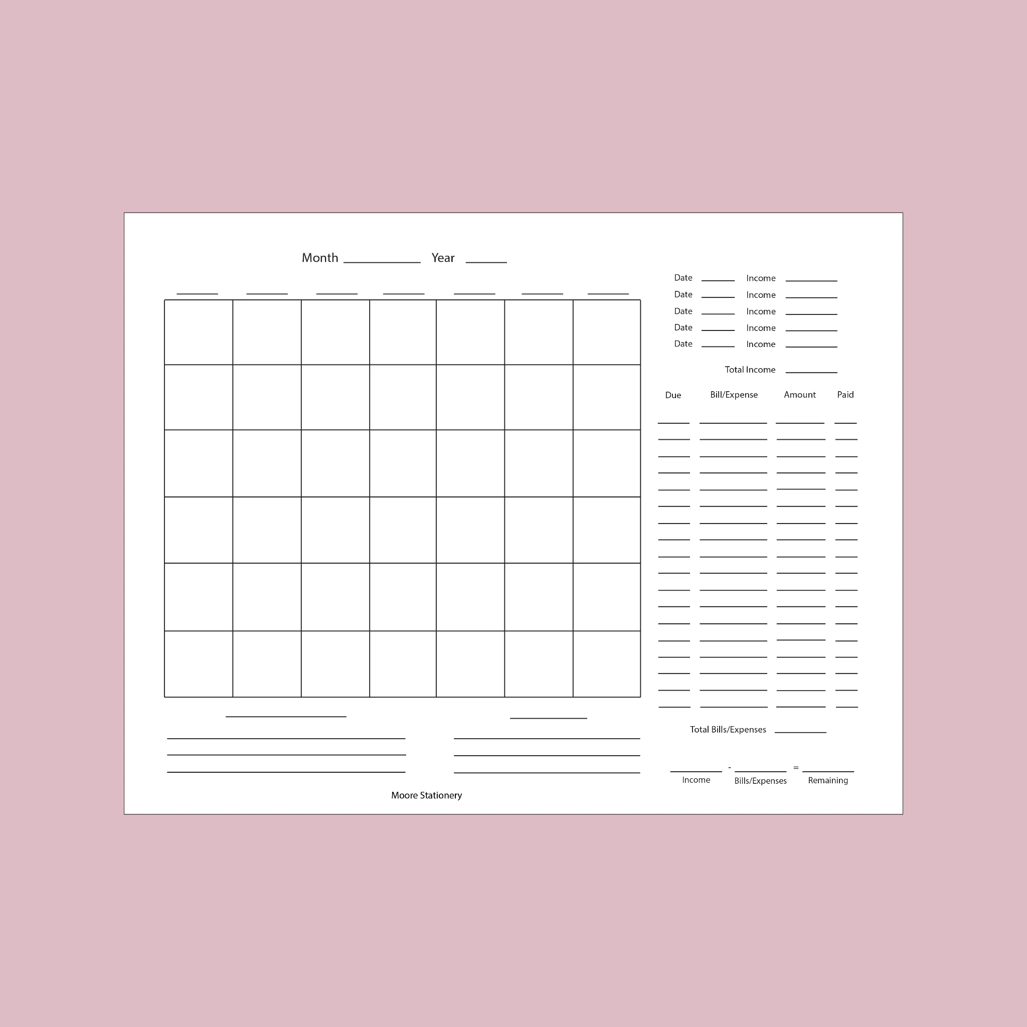 Printable Blank Calendar For Budeting
