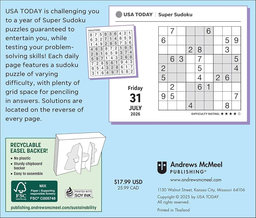 USA TODAY Sudoku 2026 Day to Day Calendar USA TODAY 