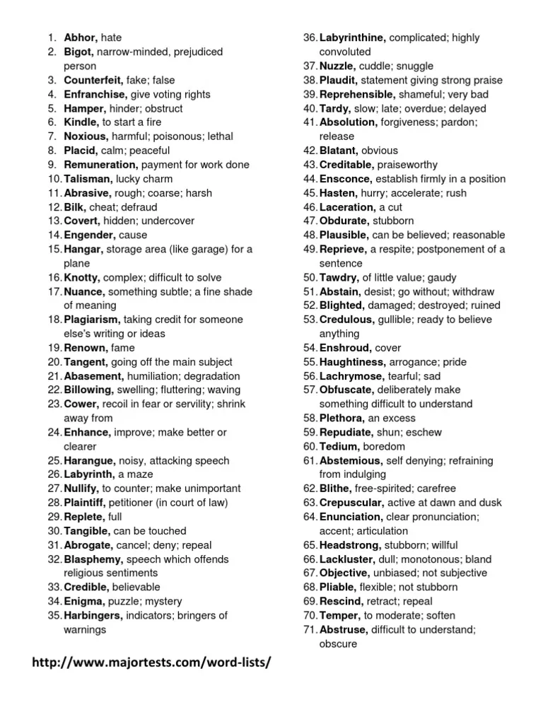 Vocabulary Words And Definitions Printable