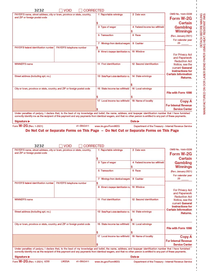 W 2G Gambling Winnings Federal Copy A 5230 W 2TaxForms
