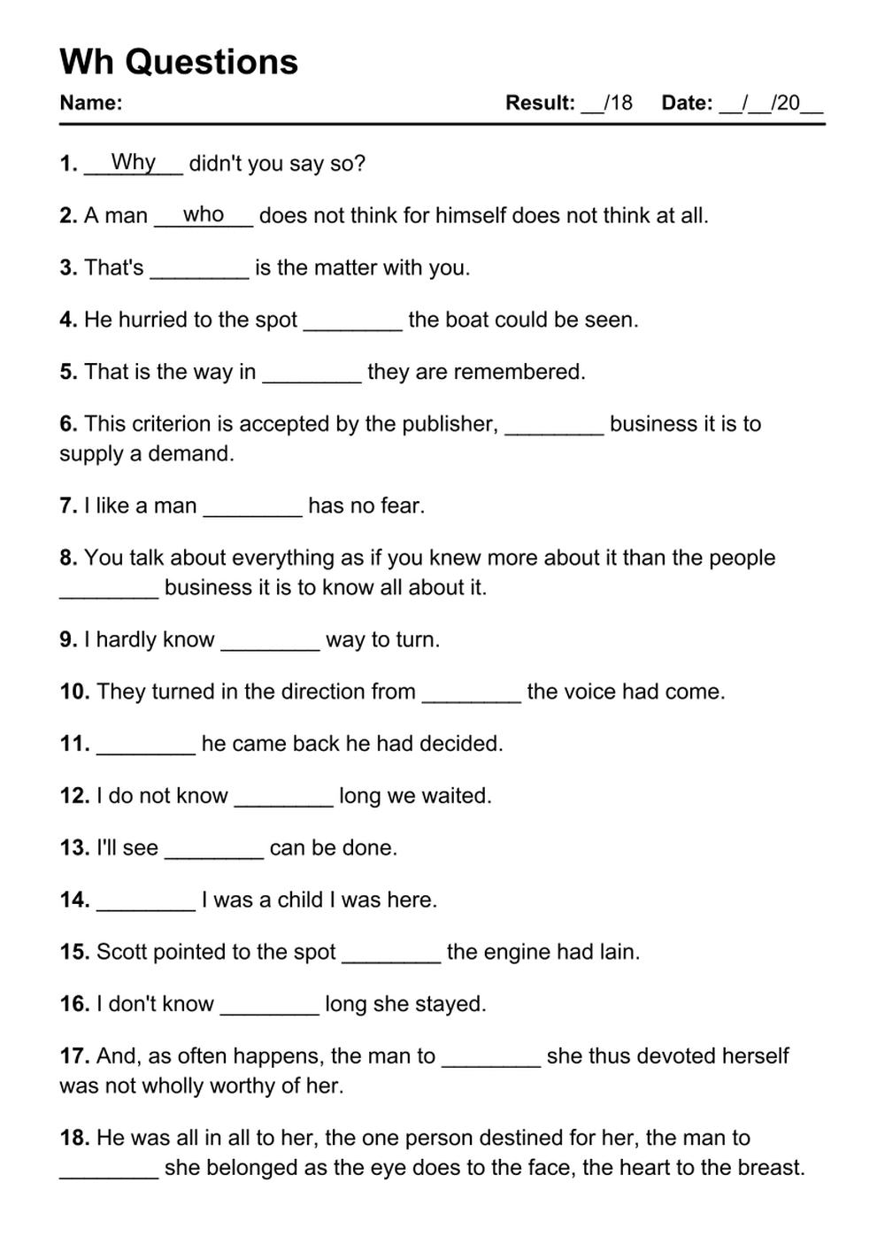 101 Wh Questions PDF Worksheets With Answers 2032 Exercises 