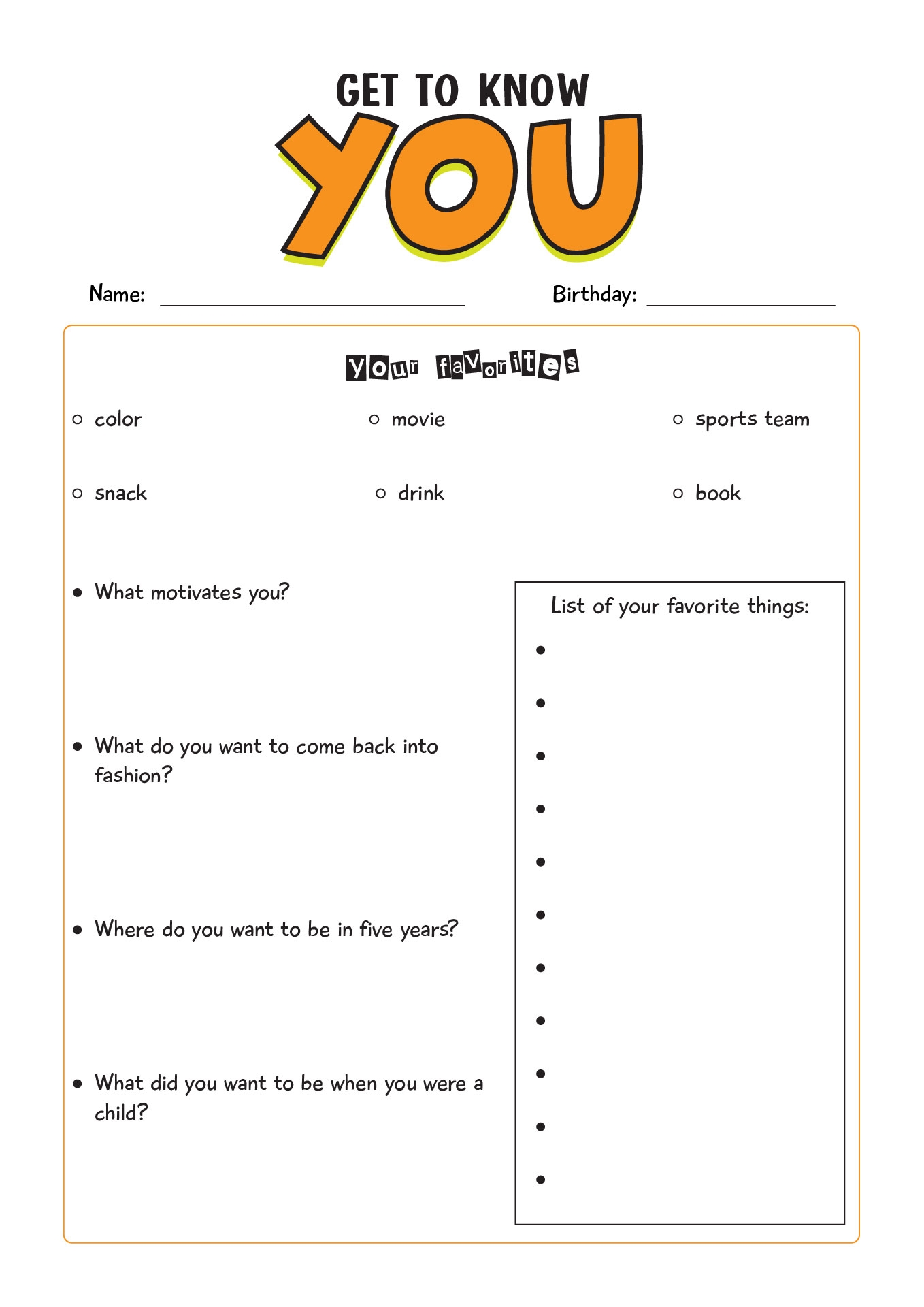 Get To Know You Worksheets For Kids