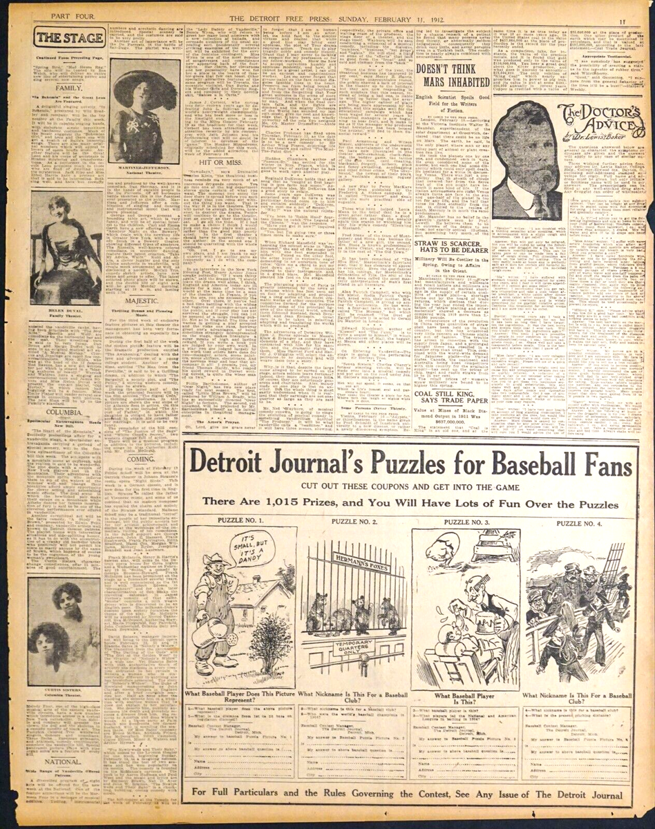 1912 Detroit Newspaper Page Detroit Journal Puzzles For Baseball 1912 Detroit Newspaper Page Detroit Journal Puzzles For Baseball