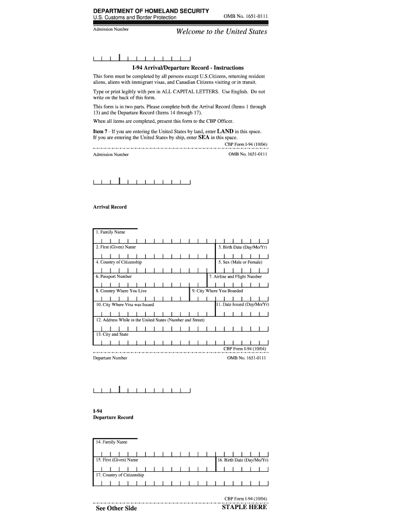 2004 Form CBP I 94 Fill Online Printable Fillable Blank PdfFiller