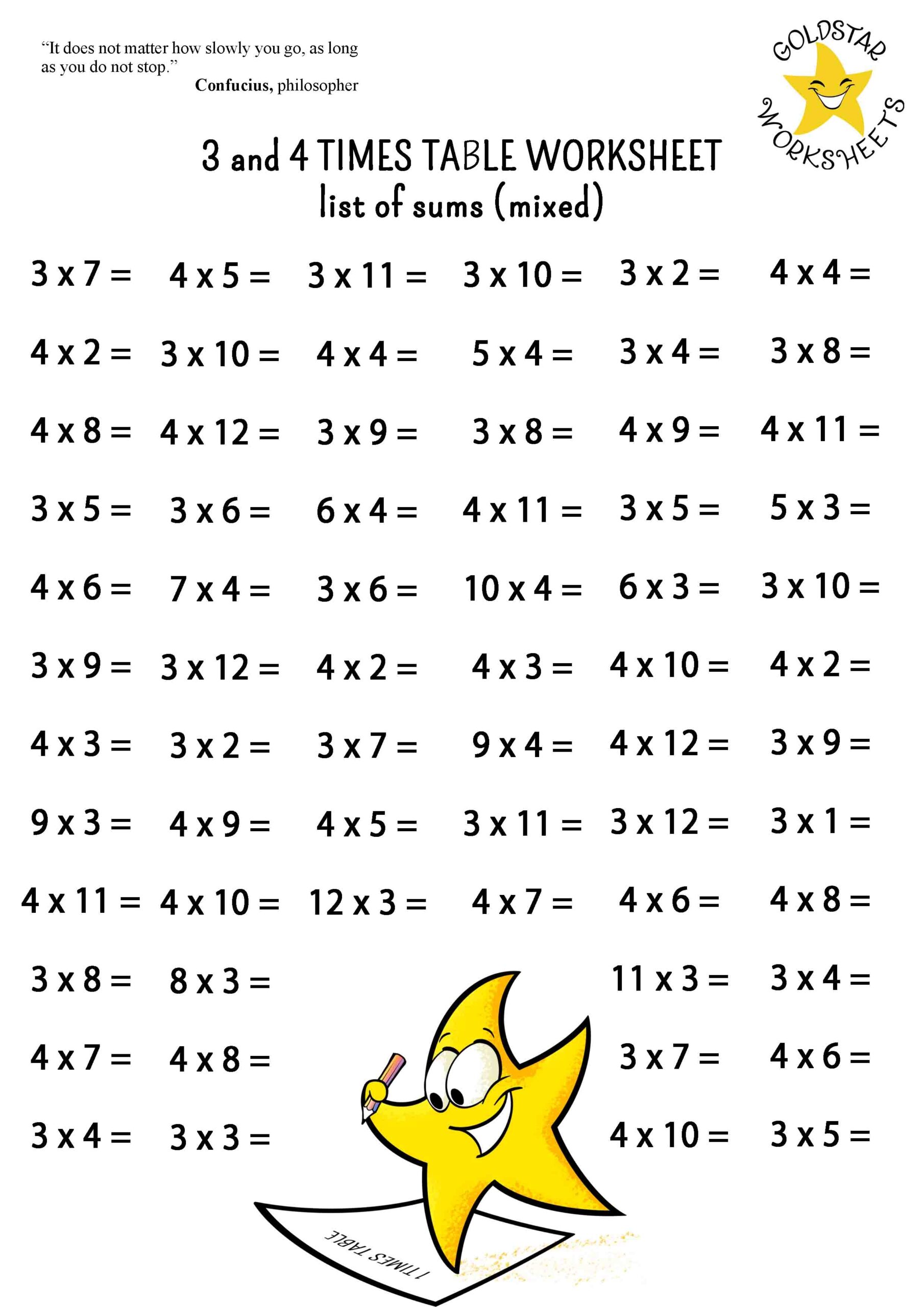 3 amp 4 Times Tables On One Page Free Colorful Multiplication Sheets