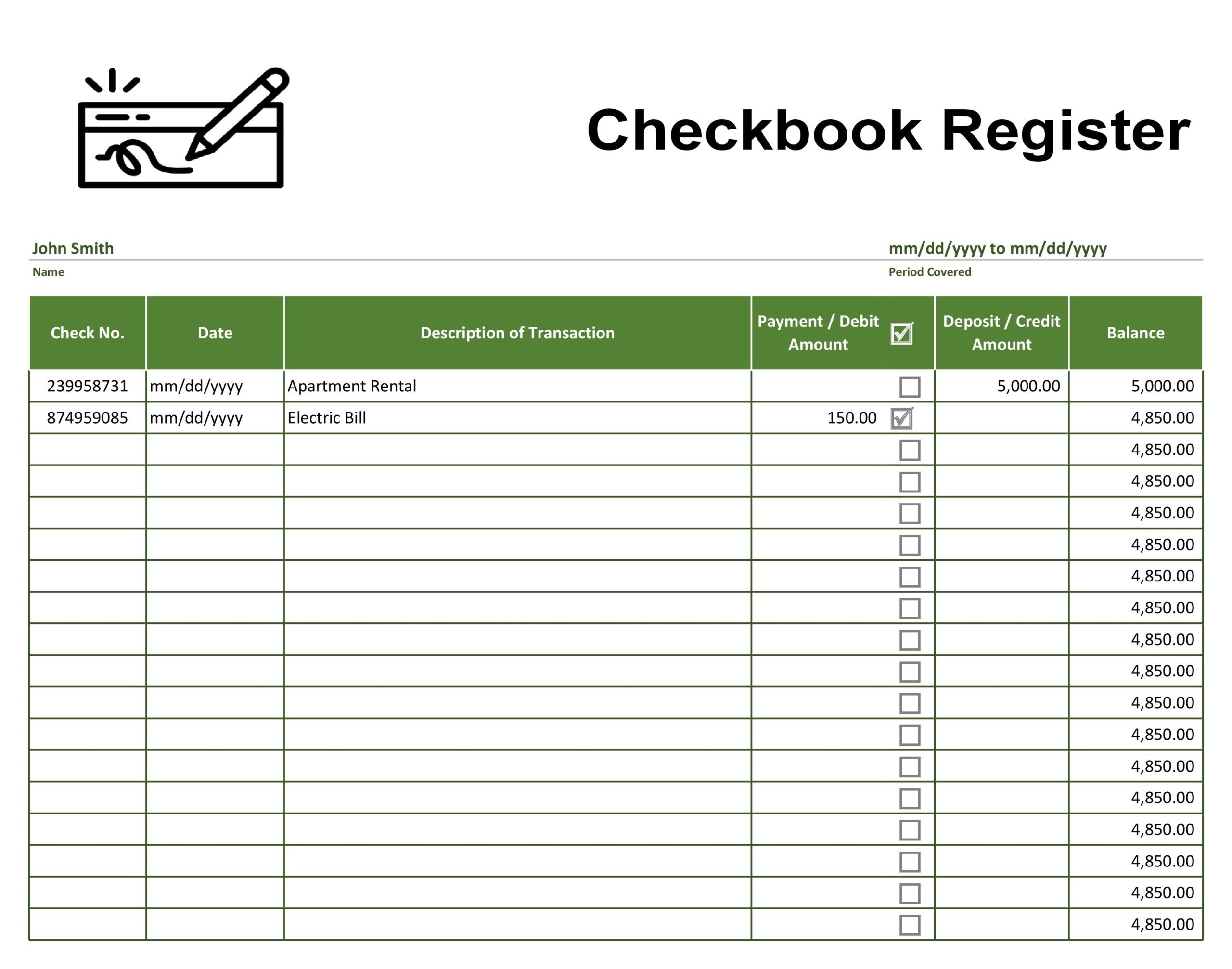 Checkbook Register Template Free Printable