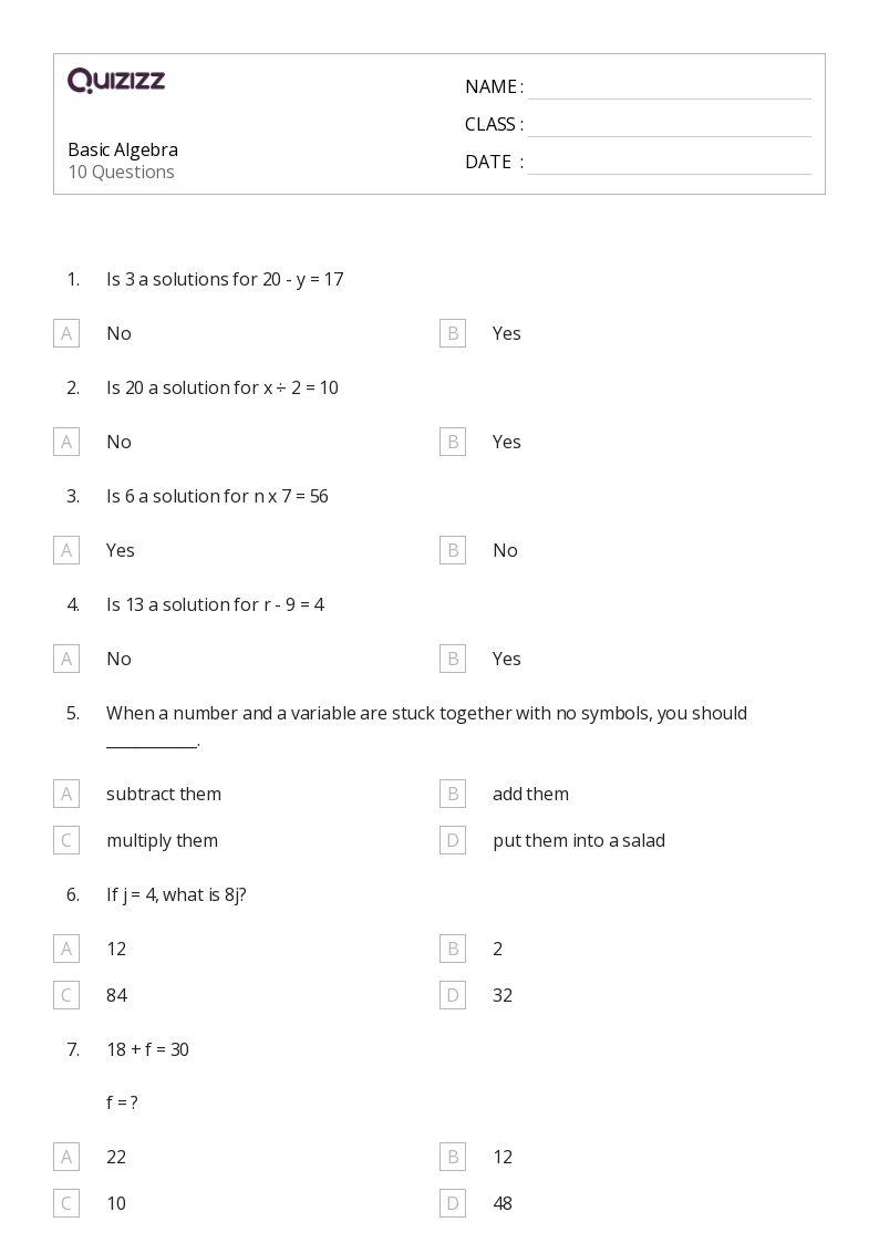 50 Algebra Worksheets For 4th Class On Quizizz Free amp Printable