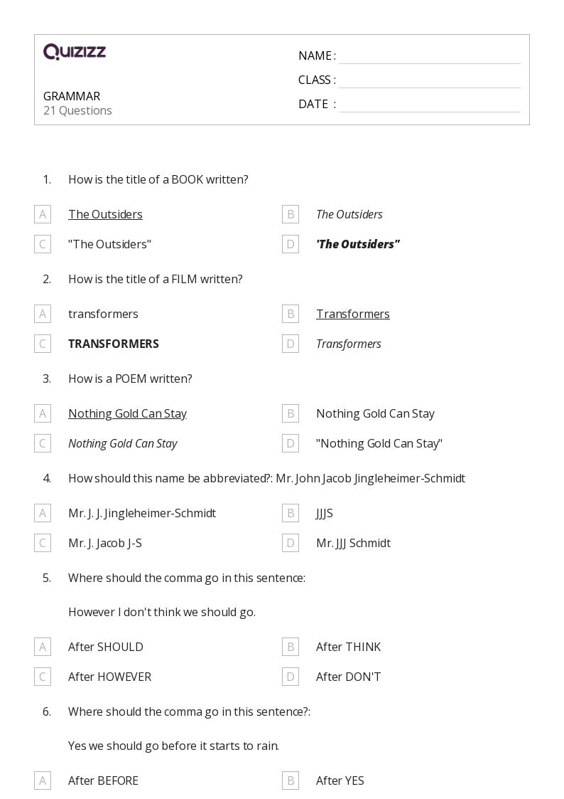 50 Grammar Worksheets For 7th Class On Quizizz Free amp Printable