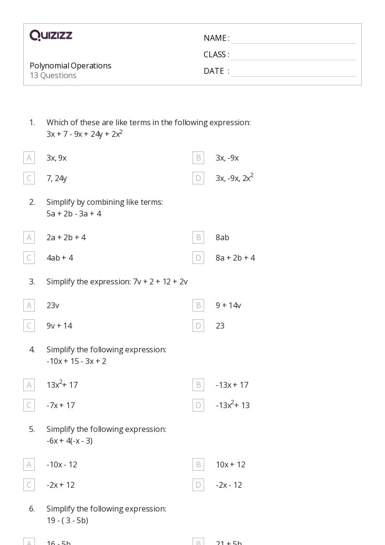 50 Polynomial Operations Worksheets For 9th Grade On Quizizz 