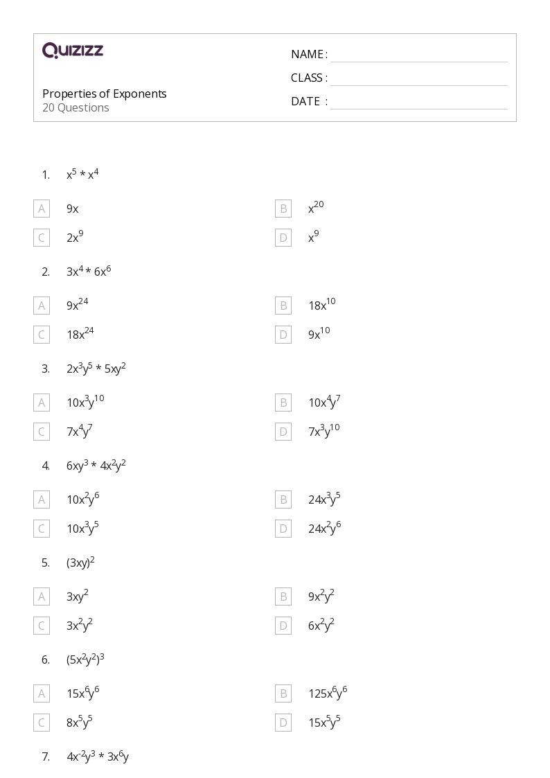 Free Printable Exponents Worksheets