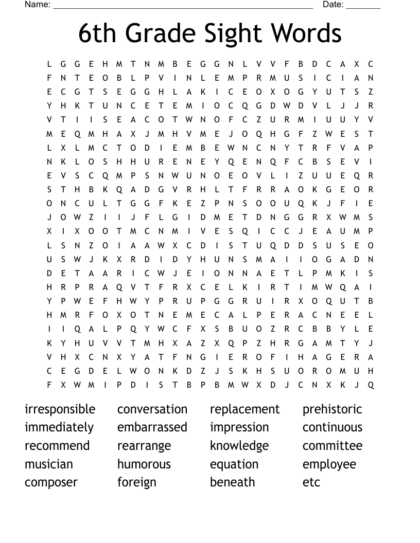 6th Grade Sight Words Word Search WordMint
