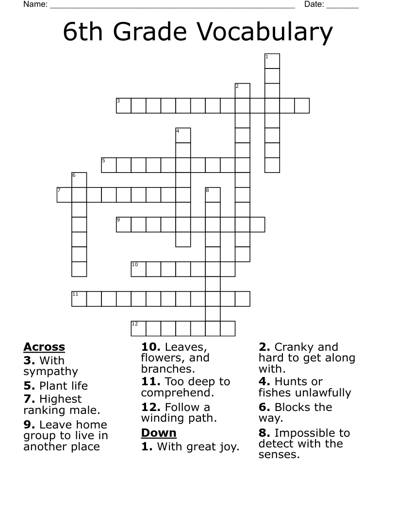 6th Grade Vocabulary Crossword WordMint