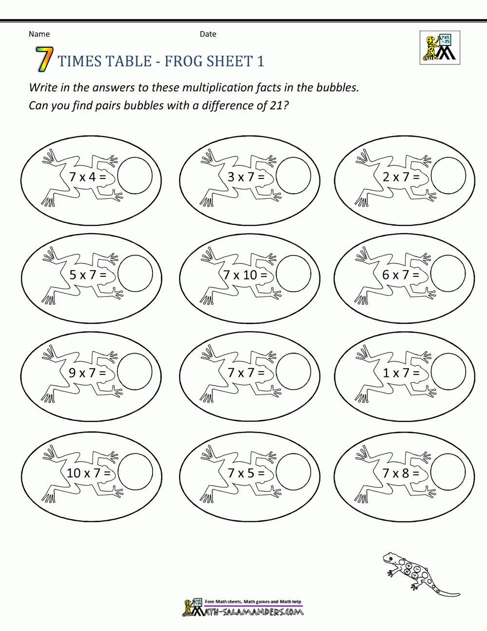 7 Times Table Worksheet Page