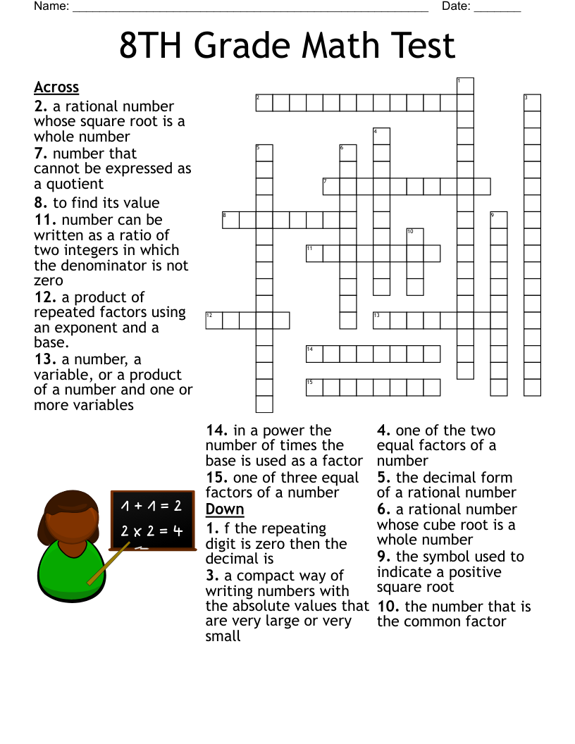 8TH Grade Math Test Crossword WordMint