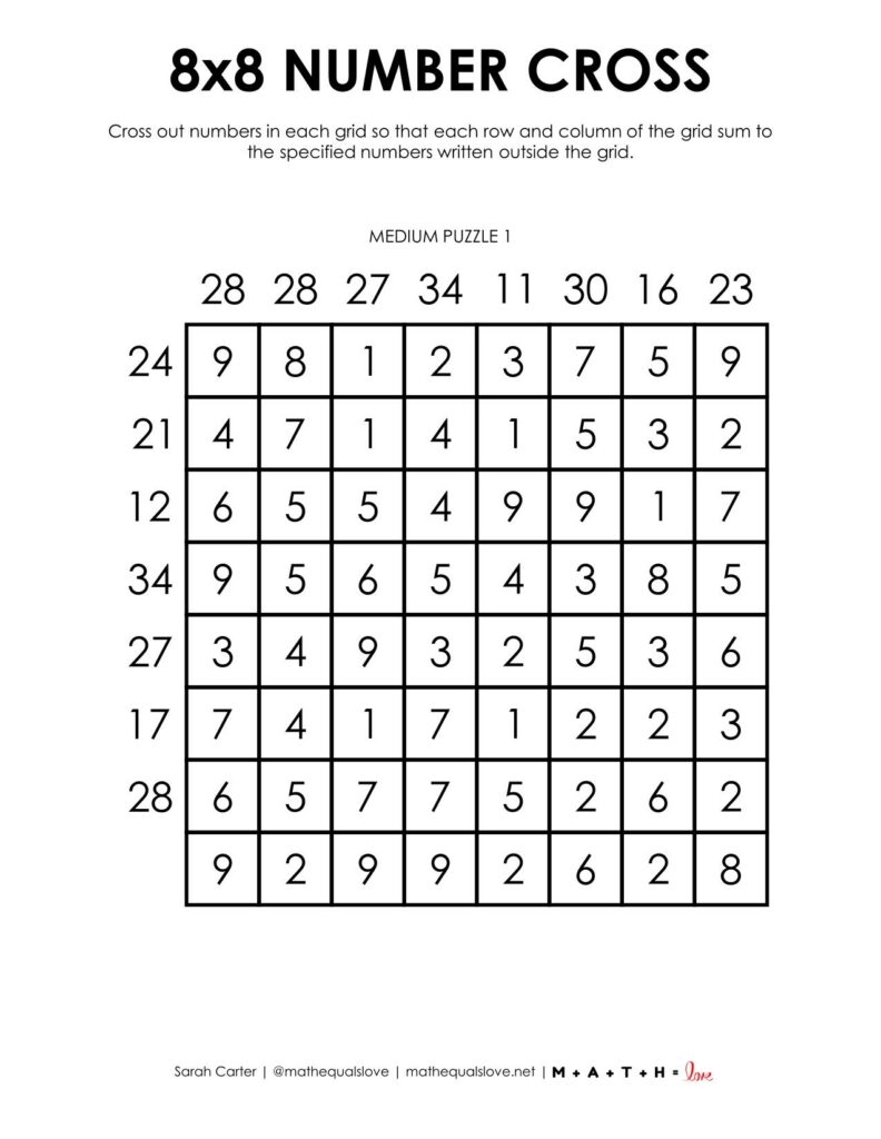 8x8 Number Cross Puzzles Math Love