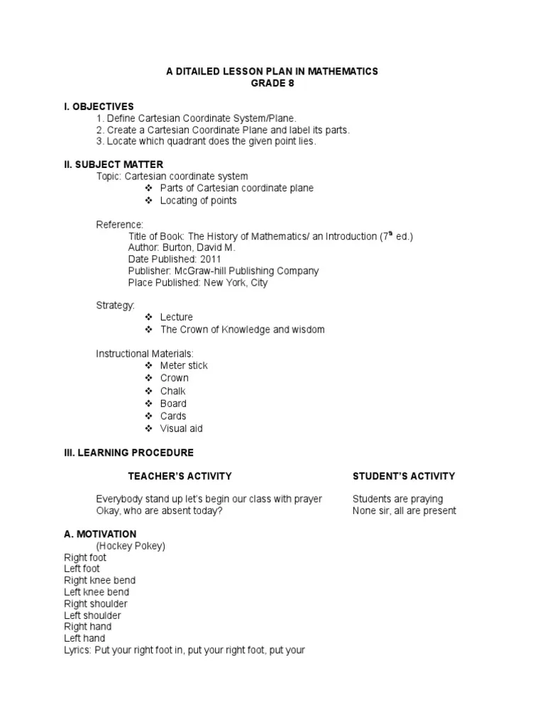 Detailed Lesson Plan About Cartesian Plane