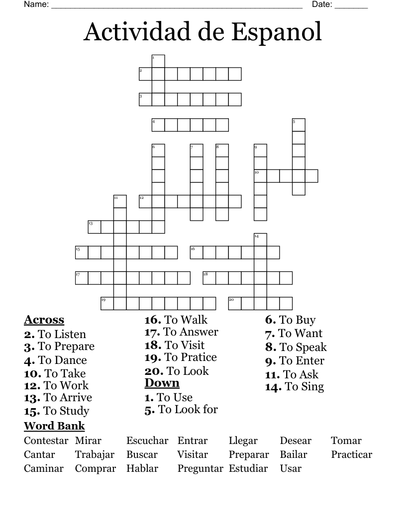 Crossword Puzzle In Spanish Printable