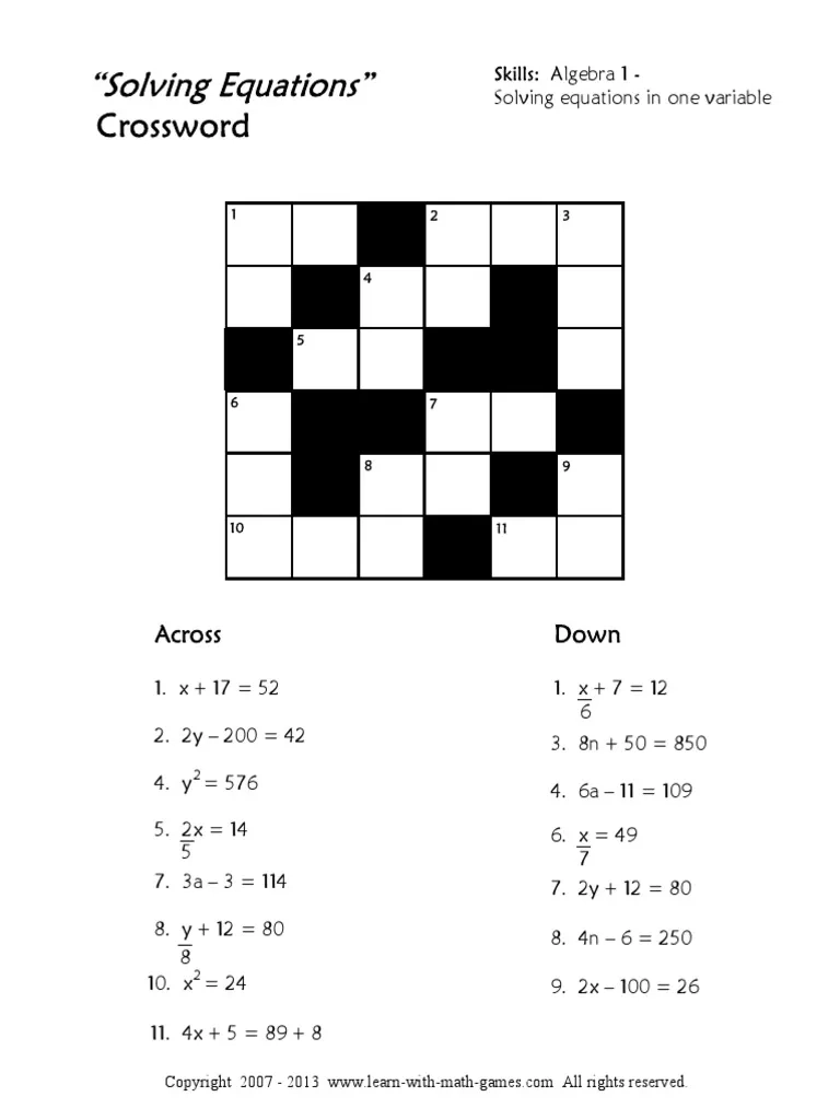 Algebra Crossword Puzzle PDF